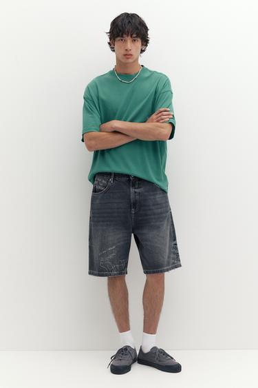 Embroidered baggy denim Bermuda shorts — Faded black 2