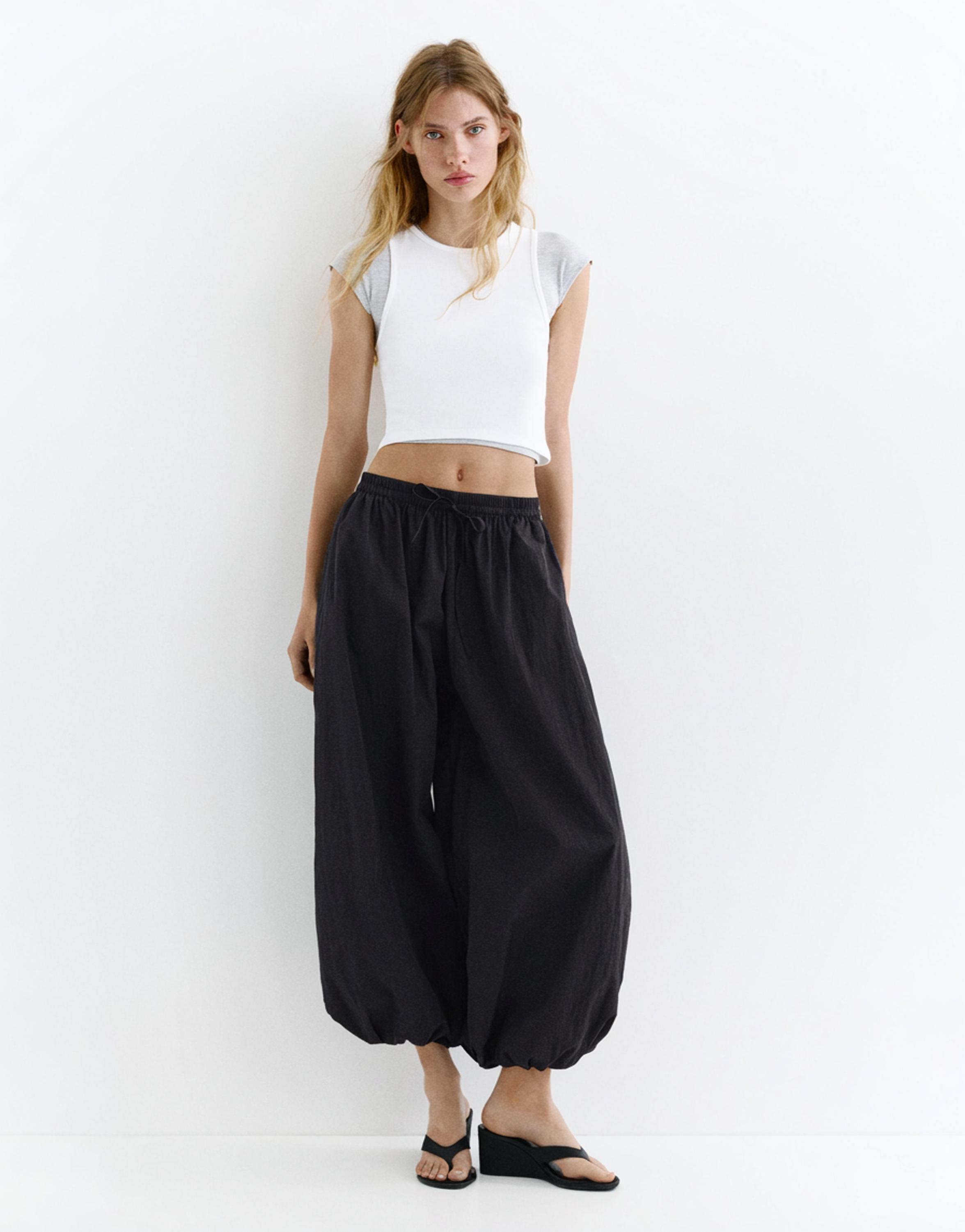 Nylon-effect sarouel trousers — Black