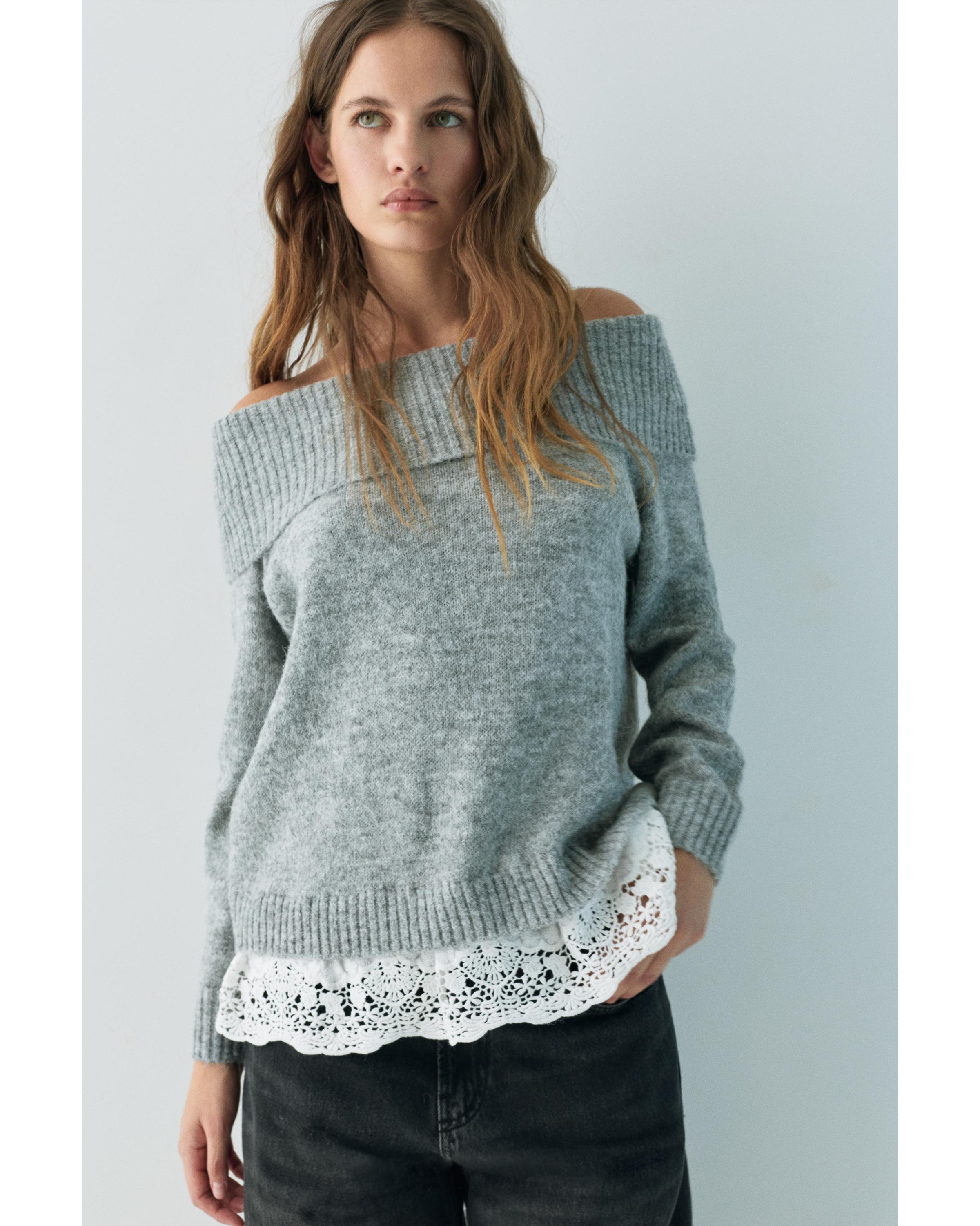 Bardot jumper with combined lace — Grey marl