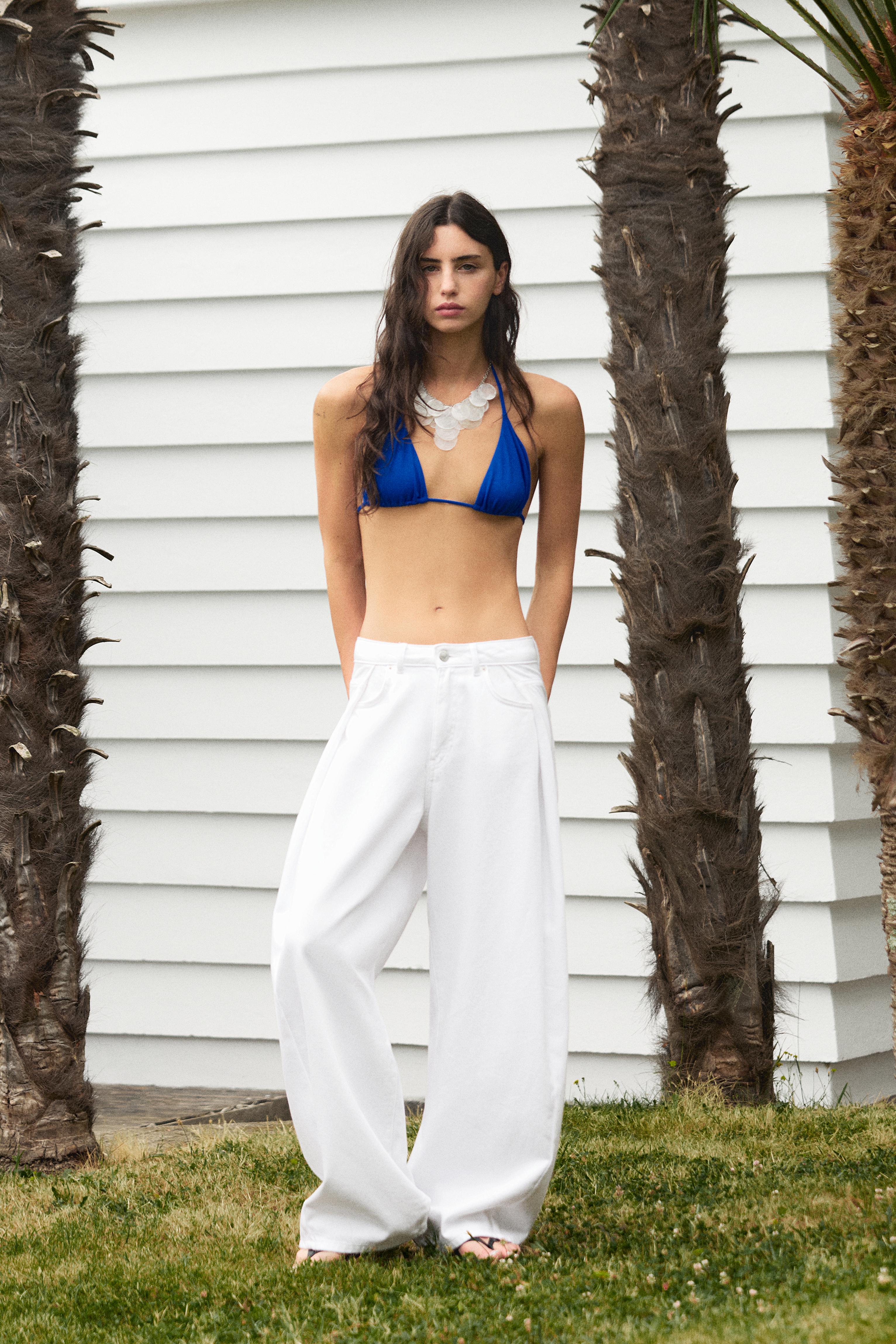 Pleated balloon fit baggy jeans — White