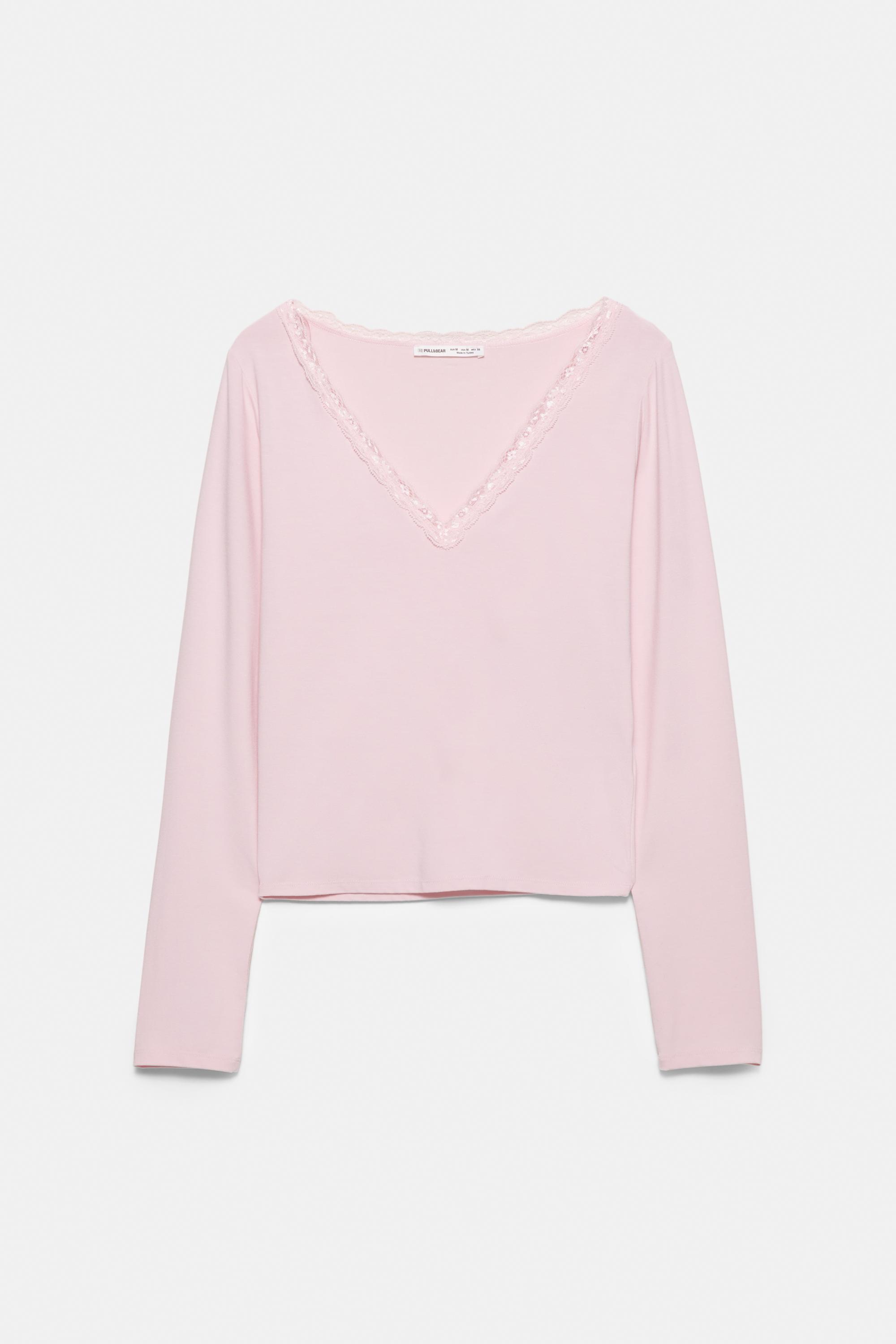 Lace trim neckline T-shirt — Pink