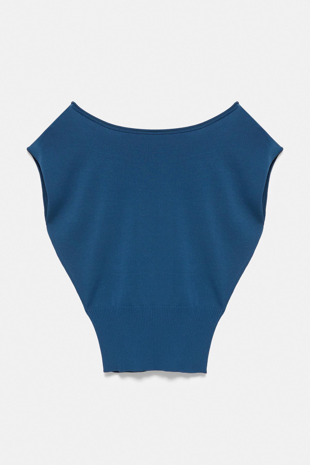 Short sleeve asymmetric knit top — Indigo