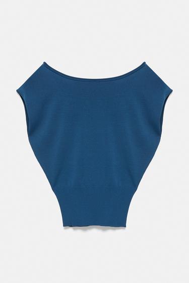 Short sleeve asymmetric knit top — Indigo 6