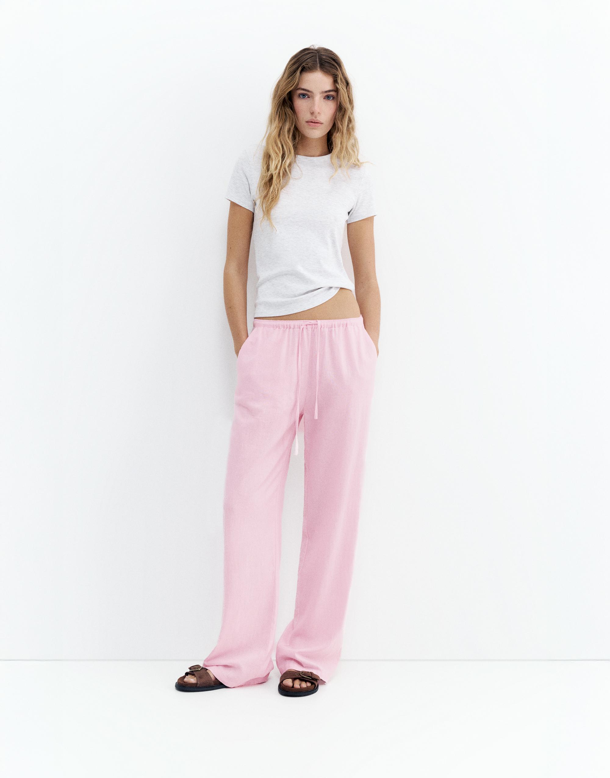 Flowy trousers with linen — Pastel pink