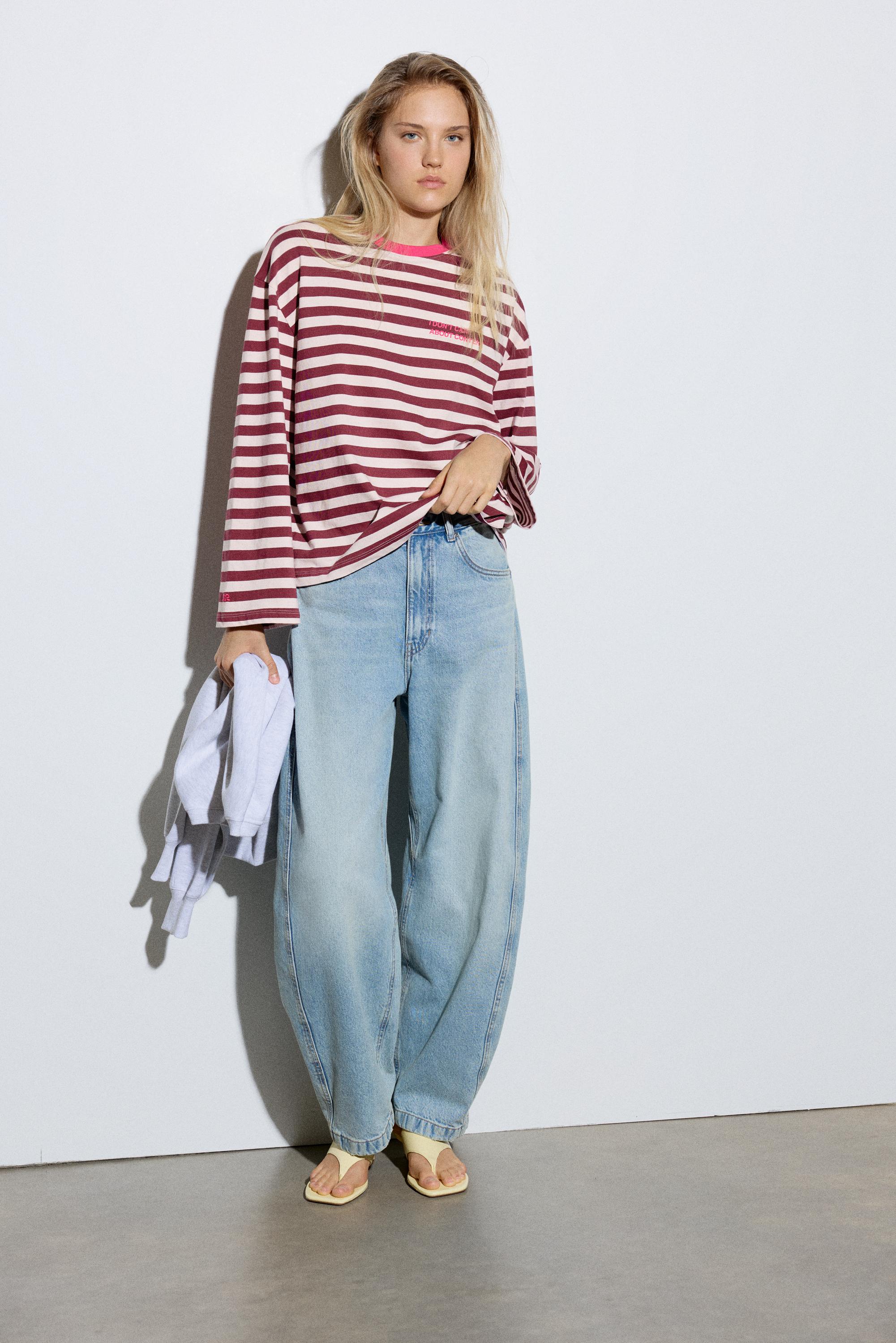 Oversize striped slogan T-shirt — Pale pink