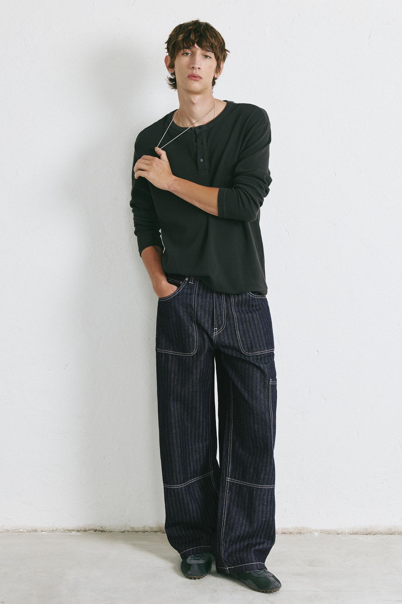 Striped relaxed-fit cargo jeans — Navy