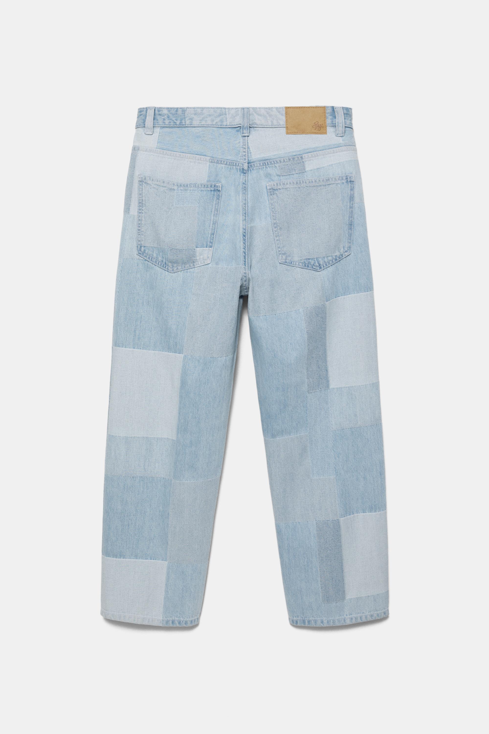 Baggy patchwork check jeans — Pale indigo