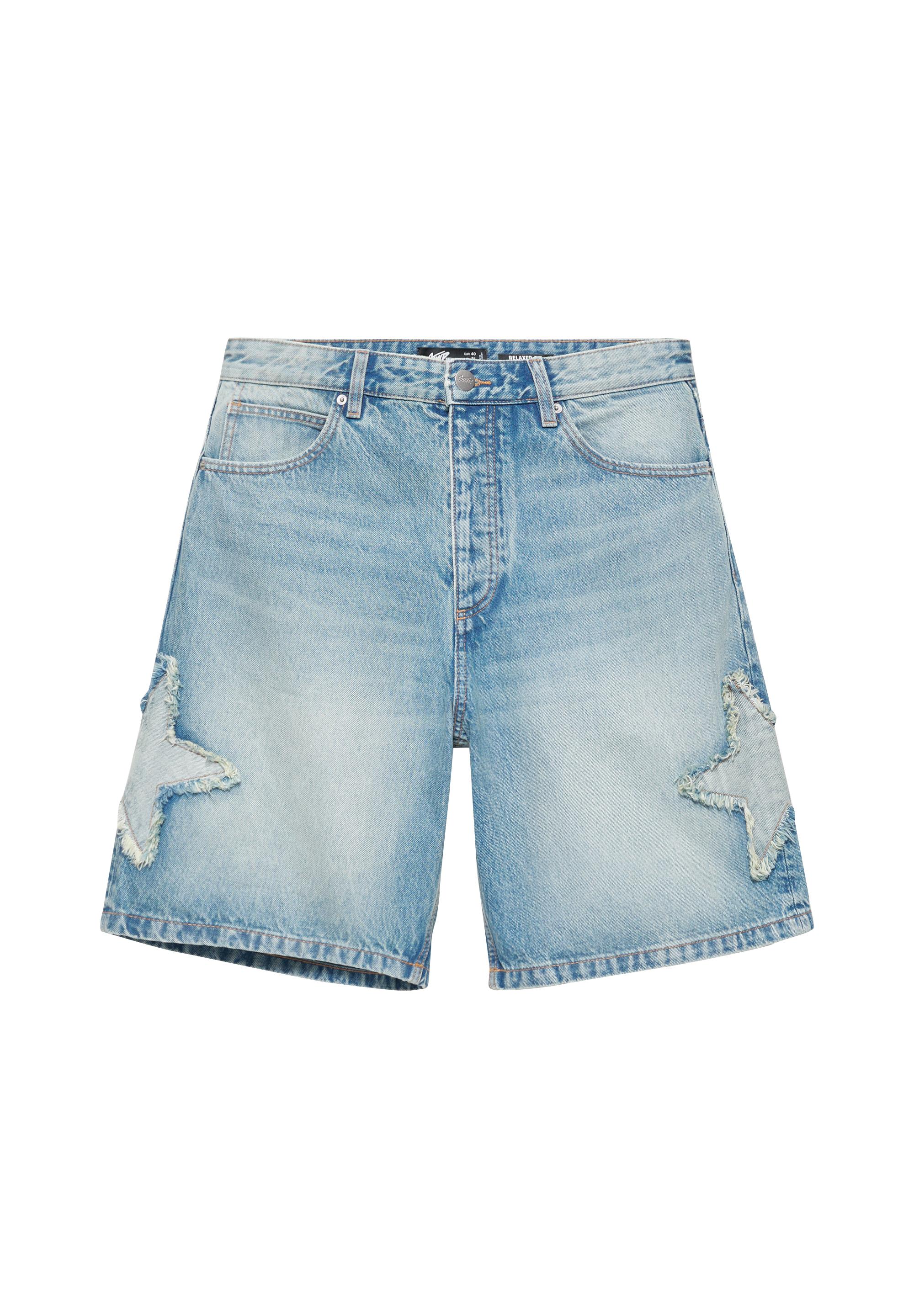 Relaxed fit denim Bermuda shorts with stars — Medium blue