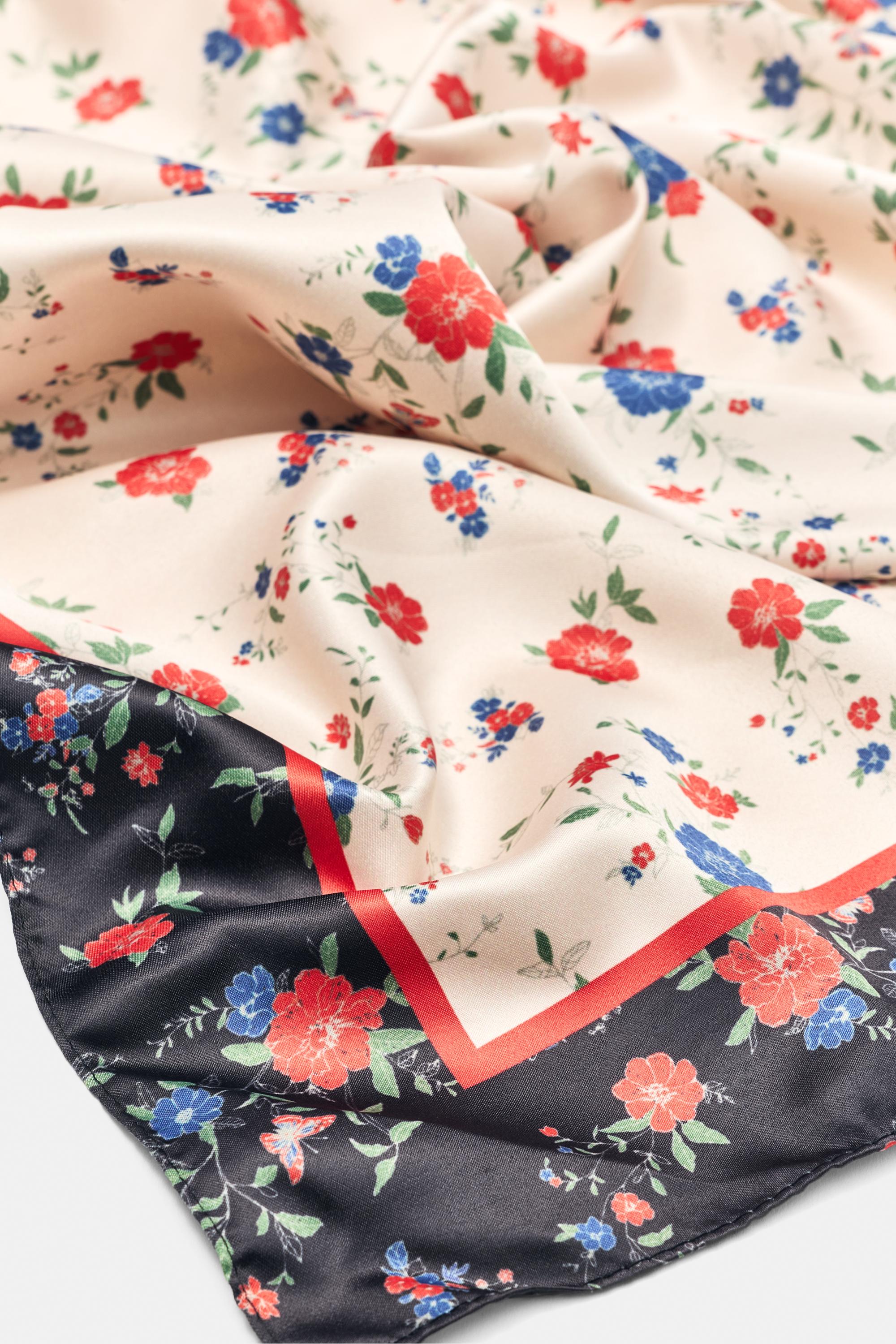 Floral satin scarf — Beige marl