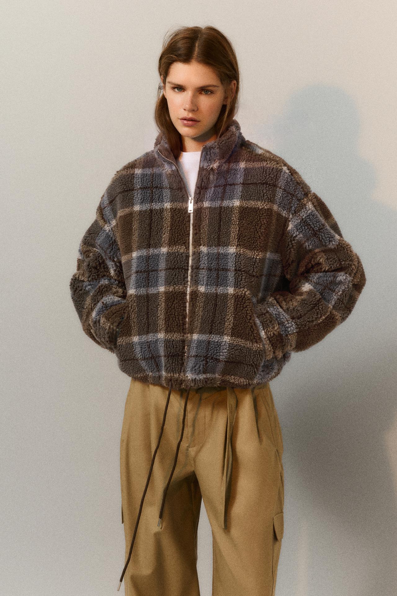 Check faux shearling jacket — Dark khaki