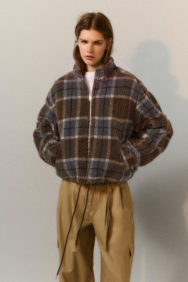 Check faux shearling jacket — Dark khaki