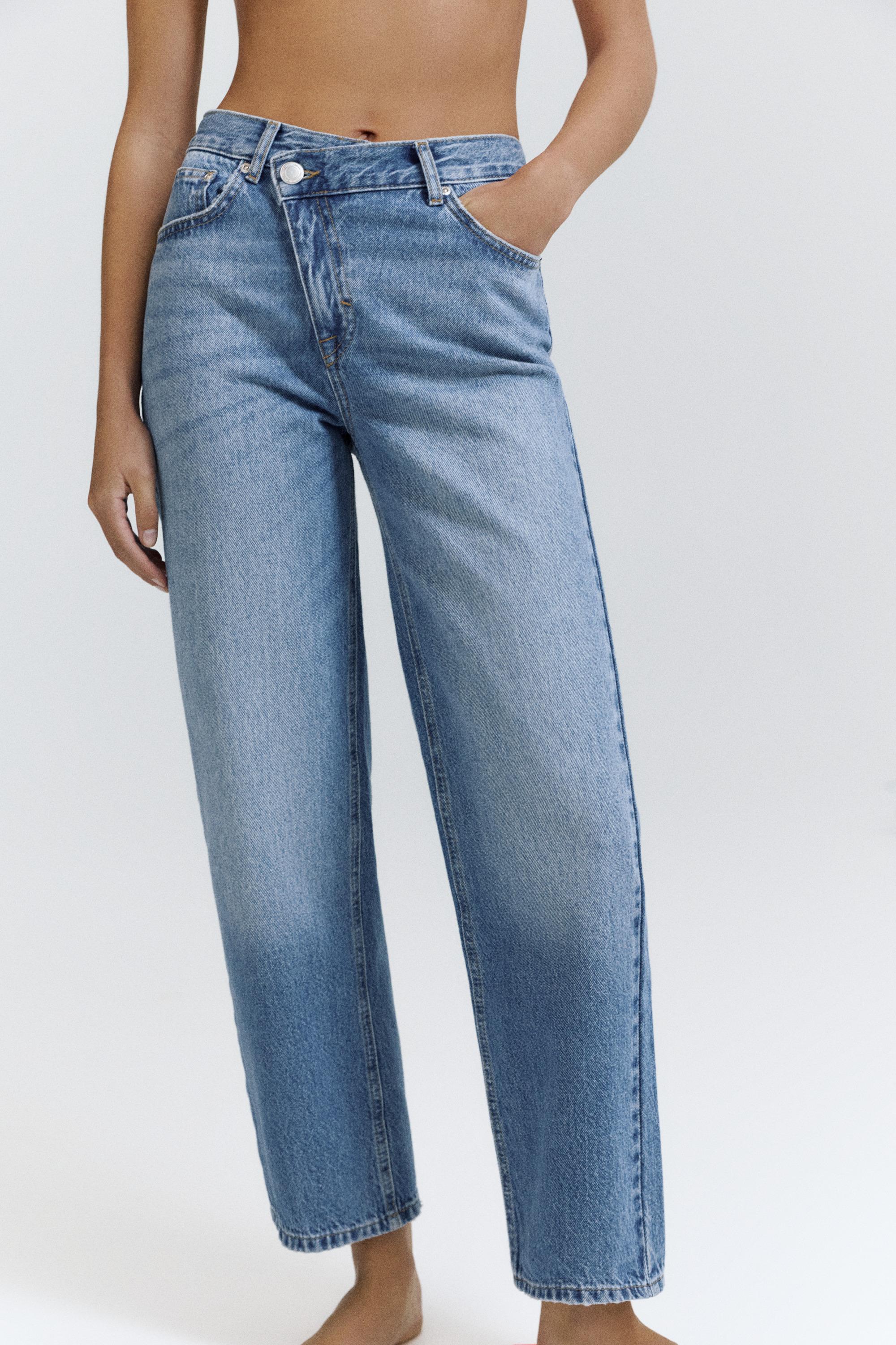 Straight-leg jeans with crossover waistband — Medium blue