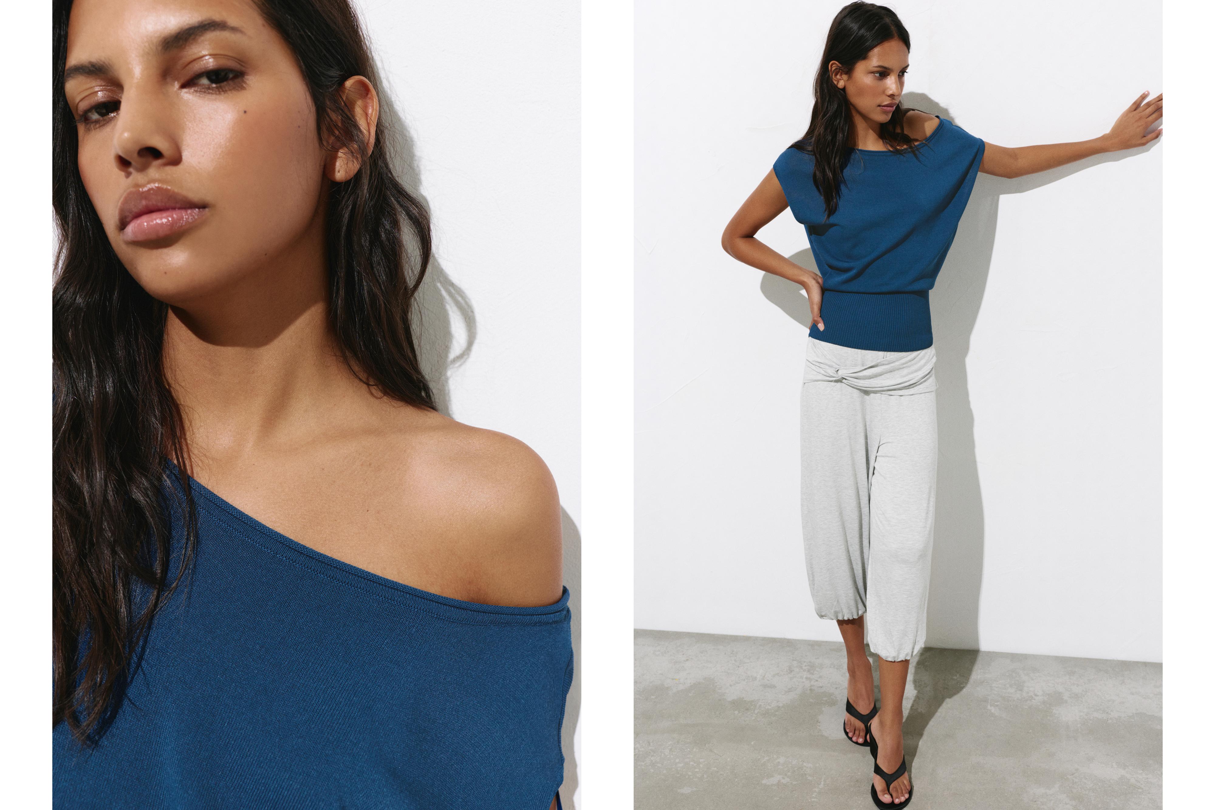 Short sleeve asymmetric knit top — Indigo