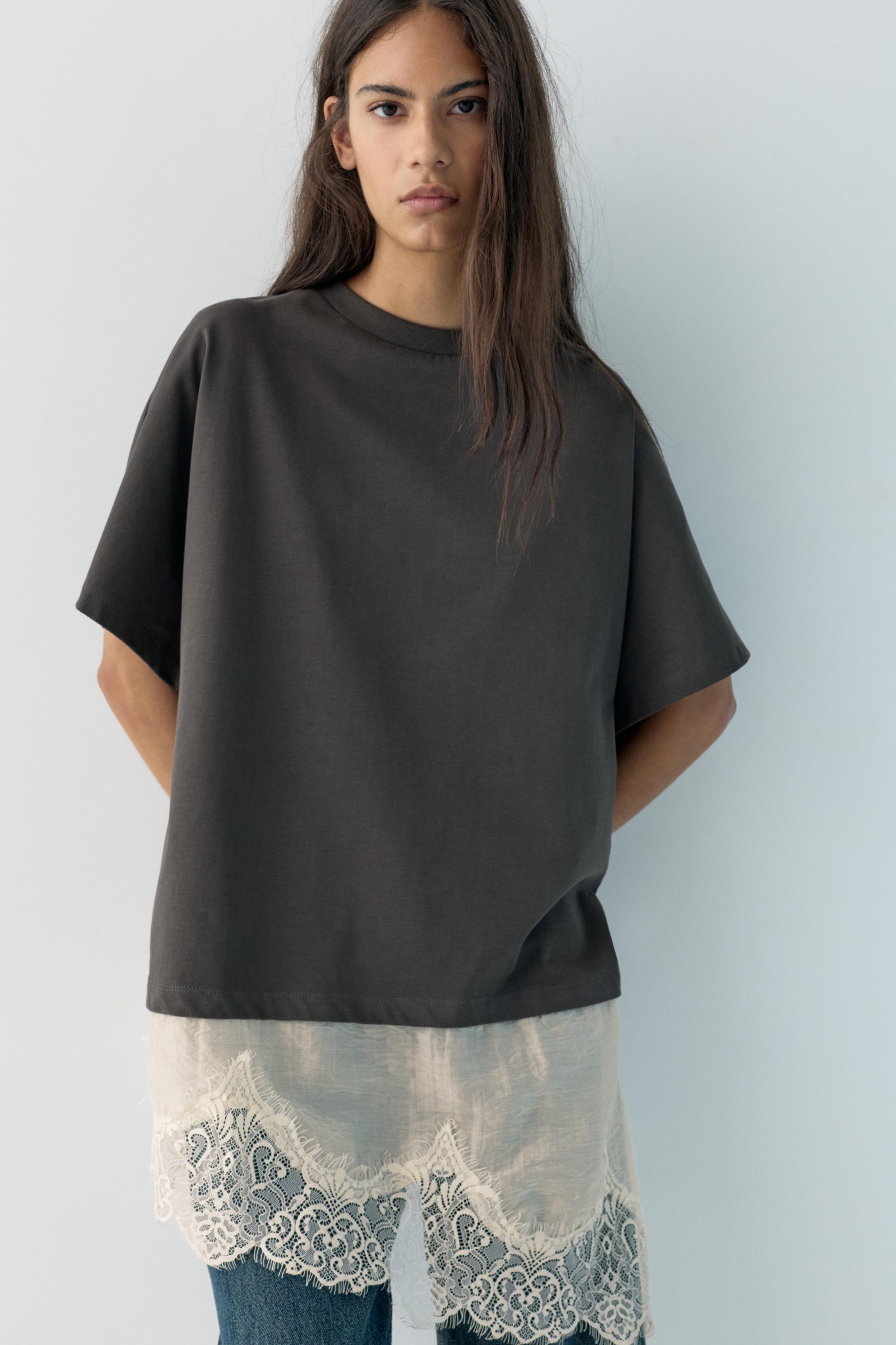 Contrast T-shirt with lace hem — Anthracite grey