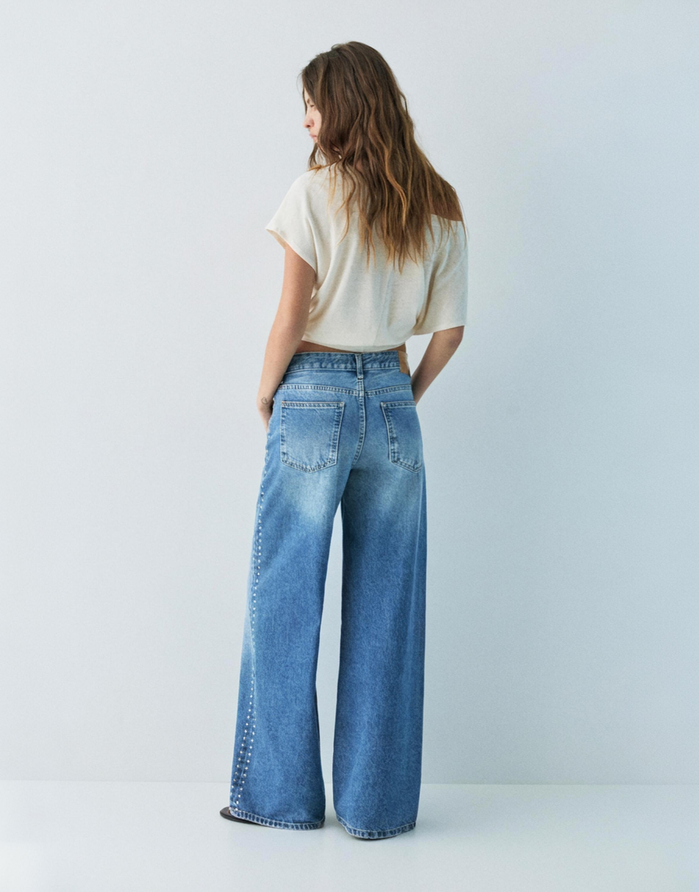 Wide-leg stud jeans — Medium blue