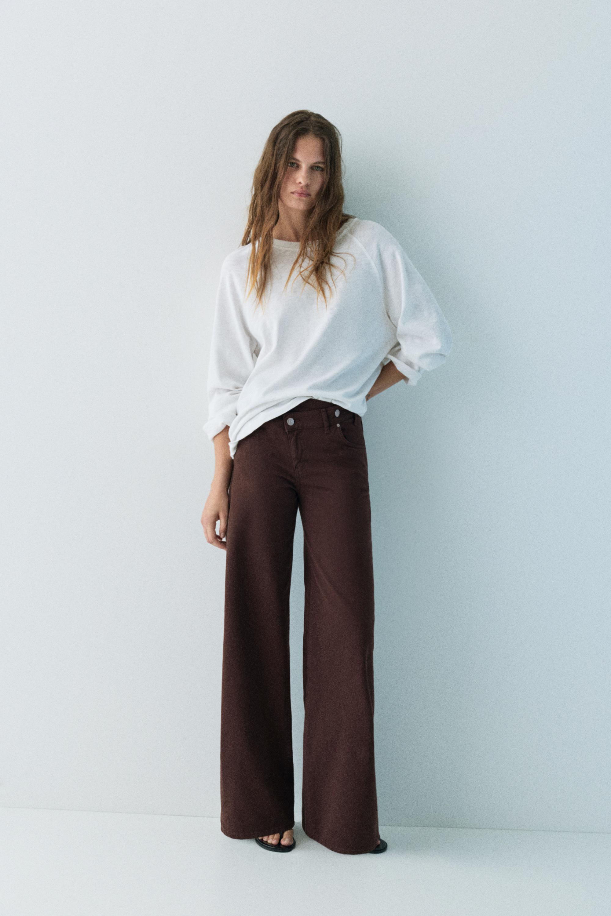 Wide leg jeans with crossover waistband — Brown