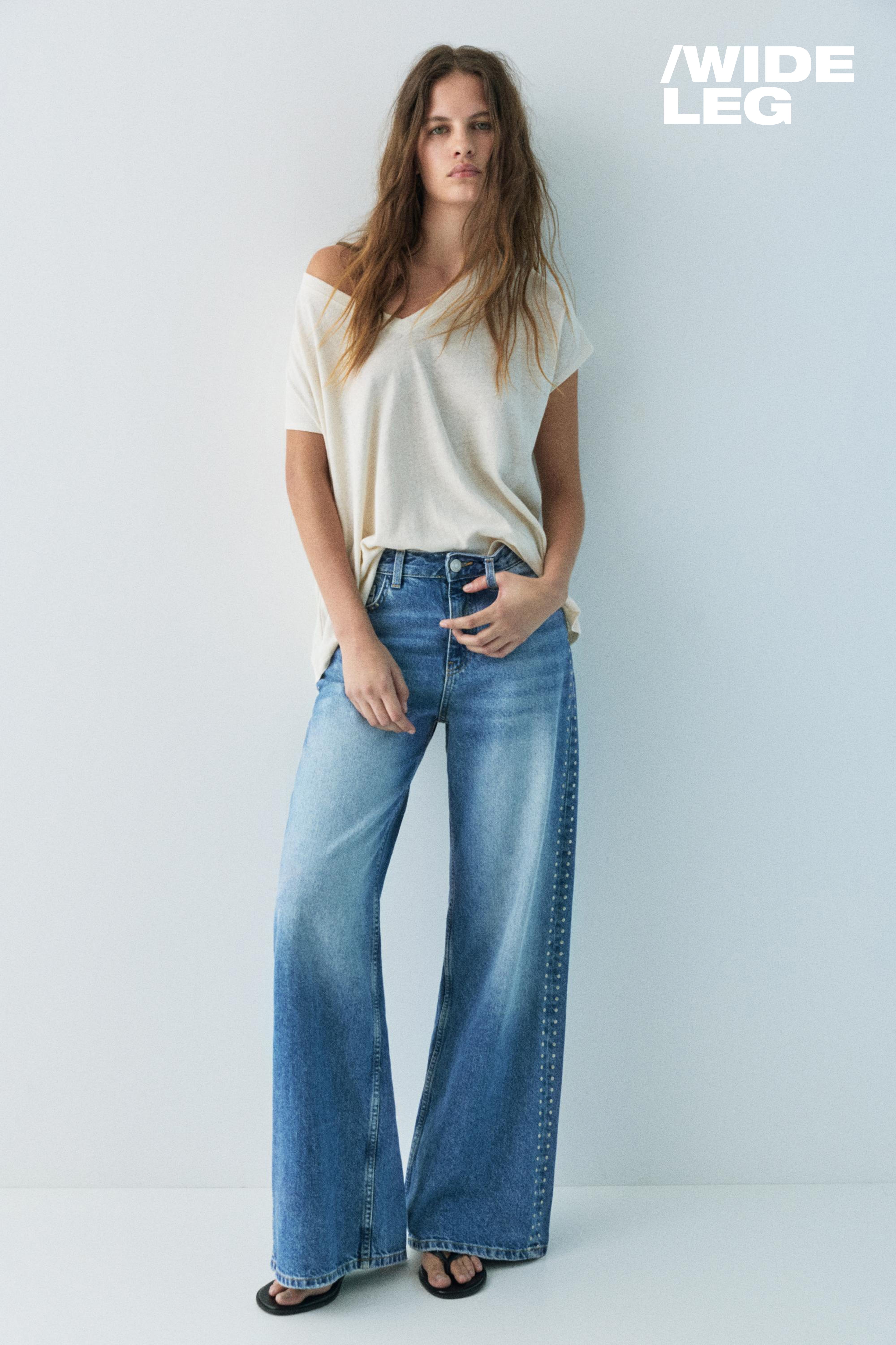 Wide-leg stud jeans — Medium blue