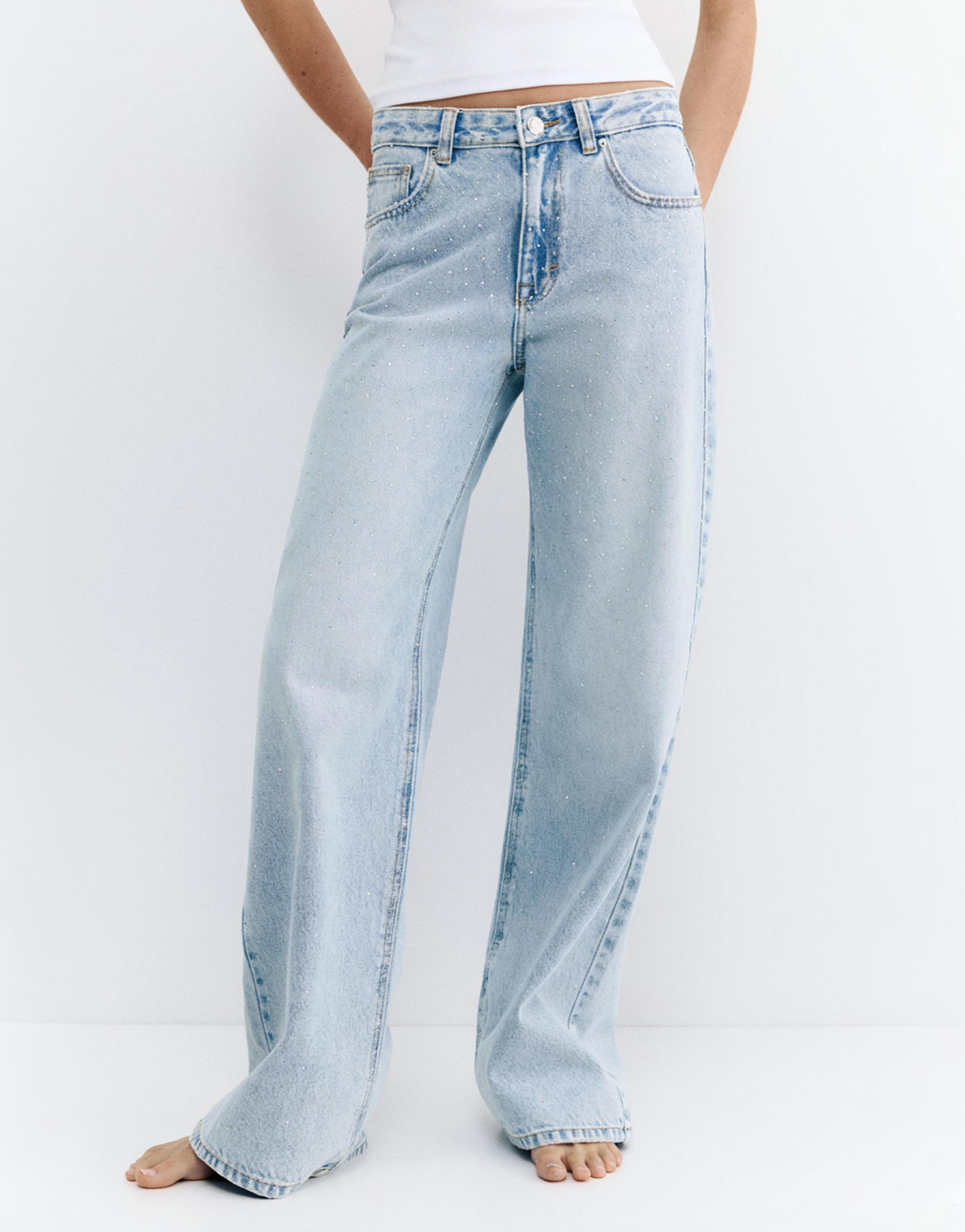 Straight-leg baggy jeans with rhinestones — Pale blue