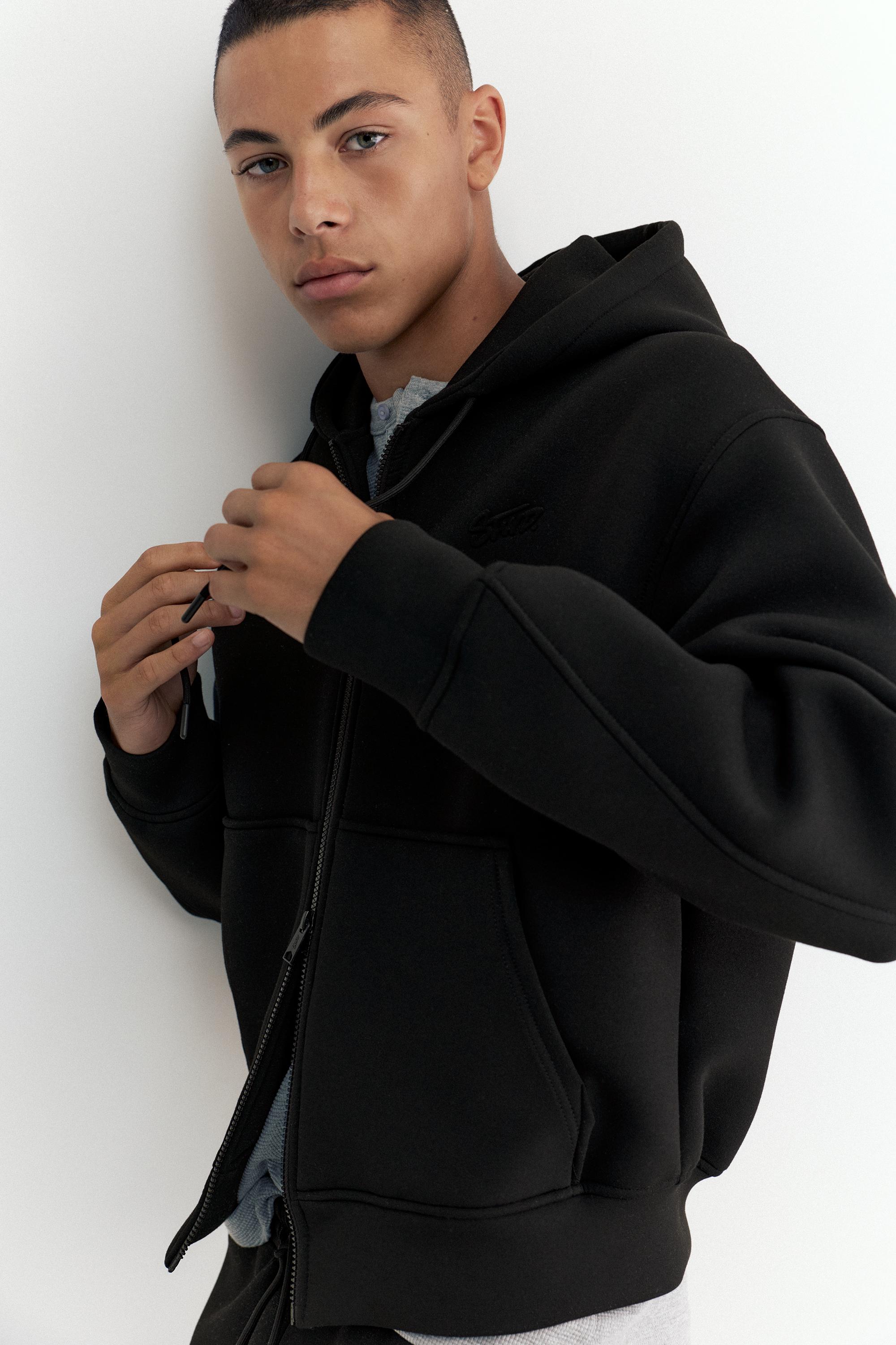 Neoprene-effect zip-up hoodie — Black