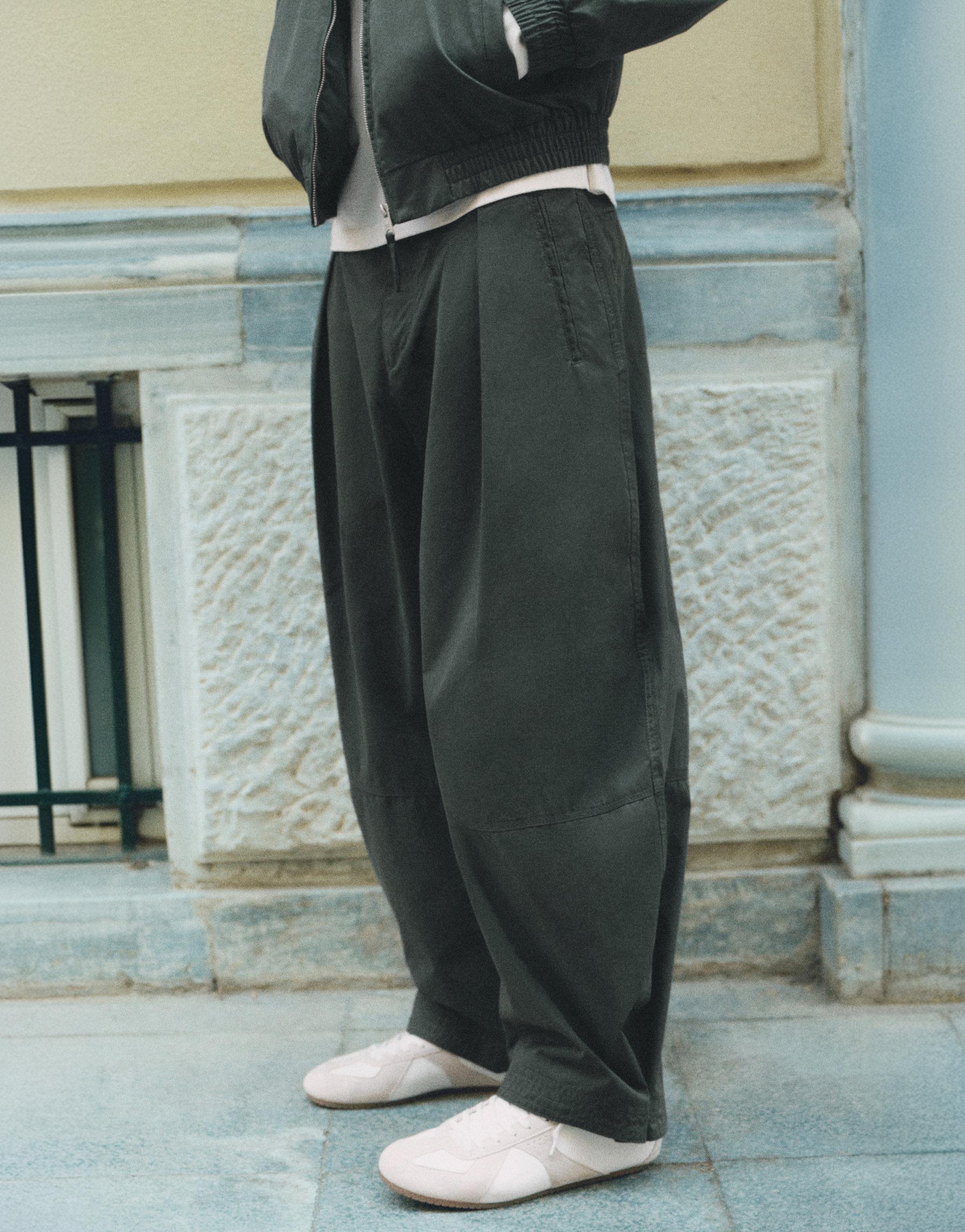 Darted barrel-leg trousers — Bluish green