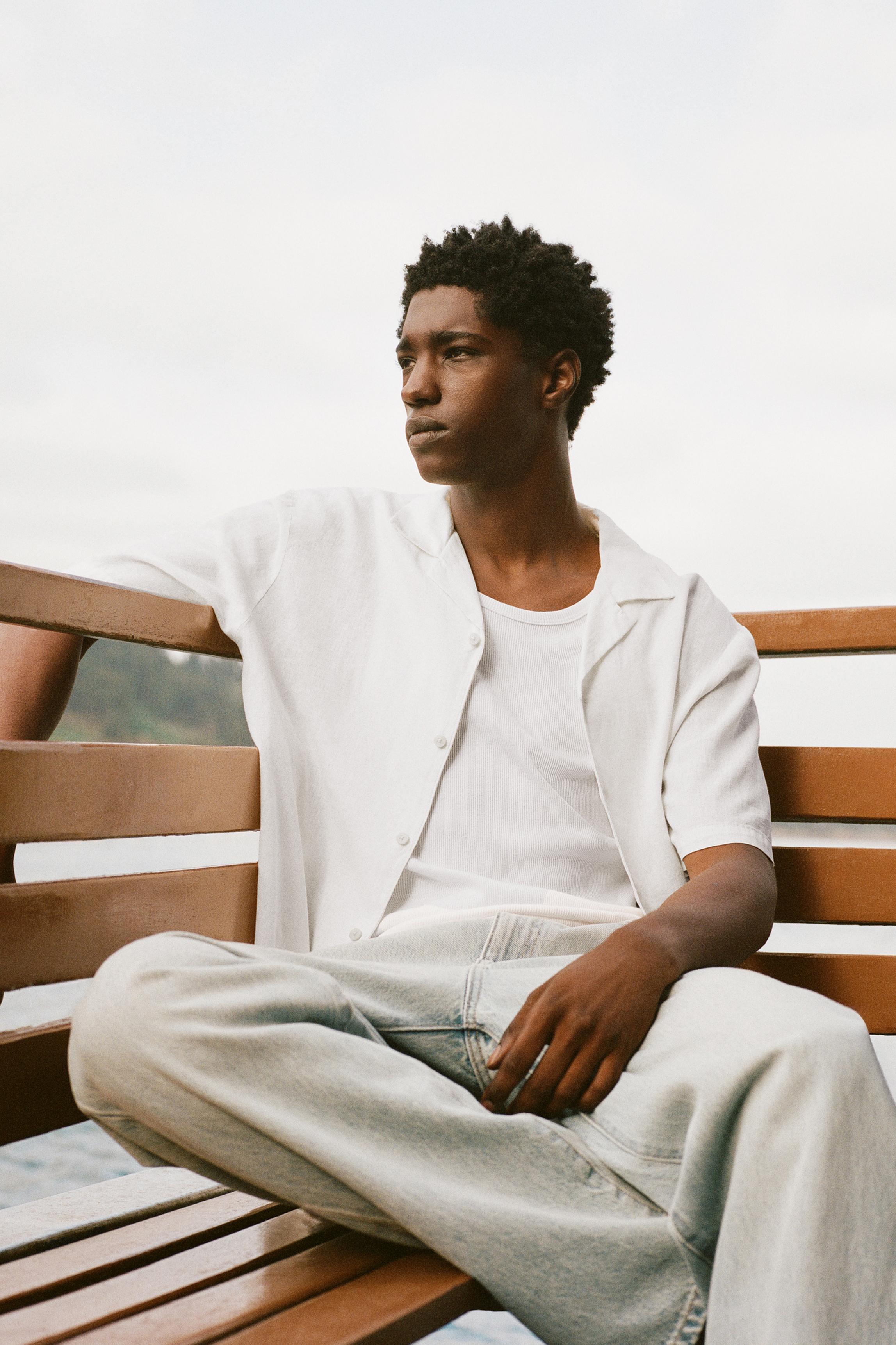 Short sleeve linen blend shirt — Off white