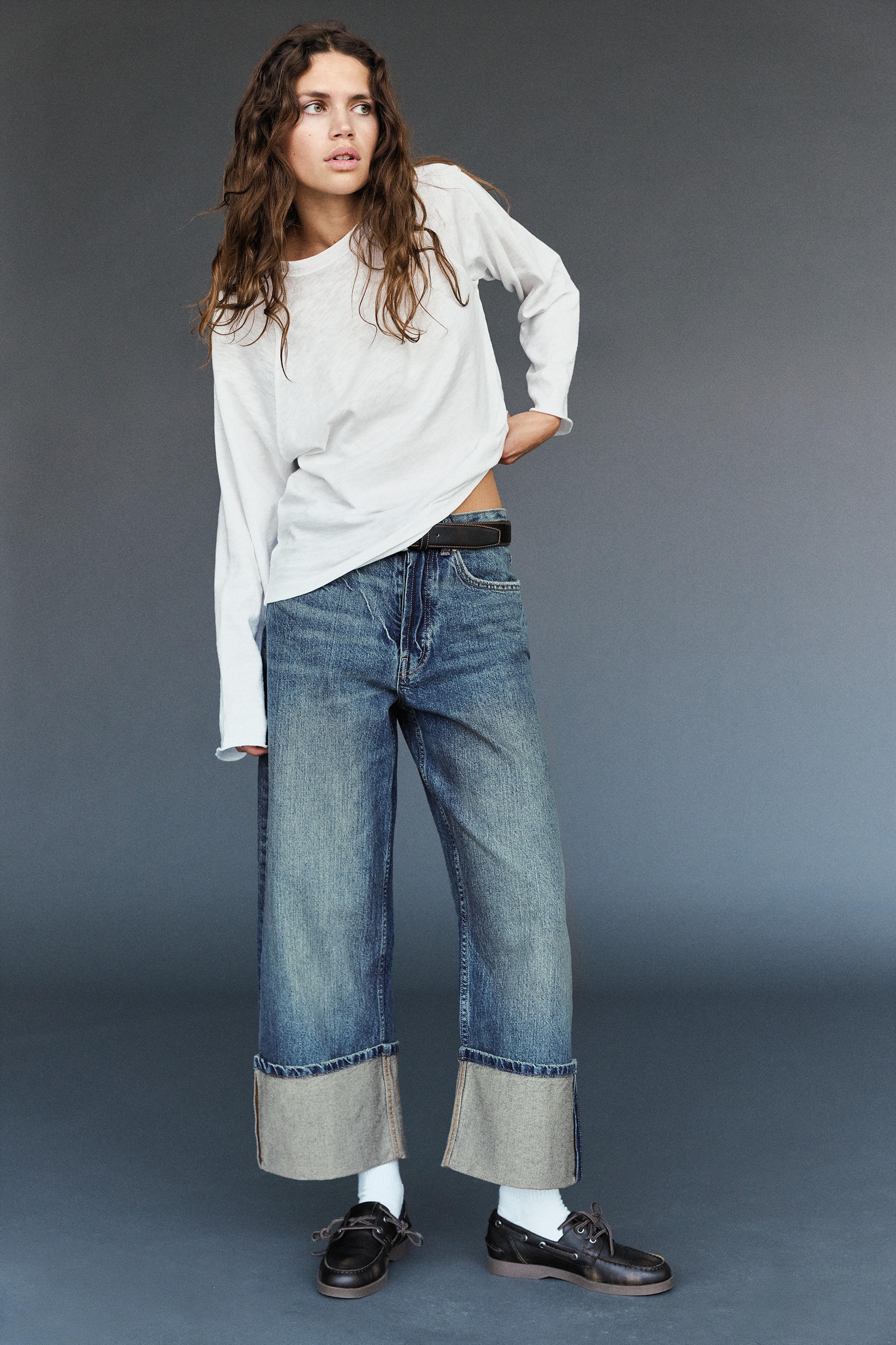Loose straight-leg jeans with turn-up hems — Dark blue