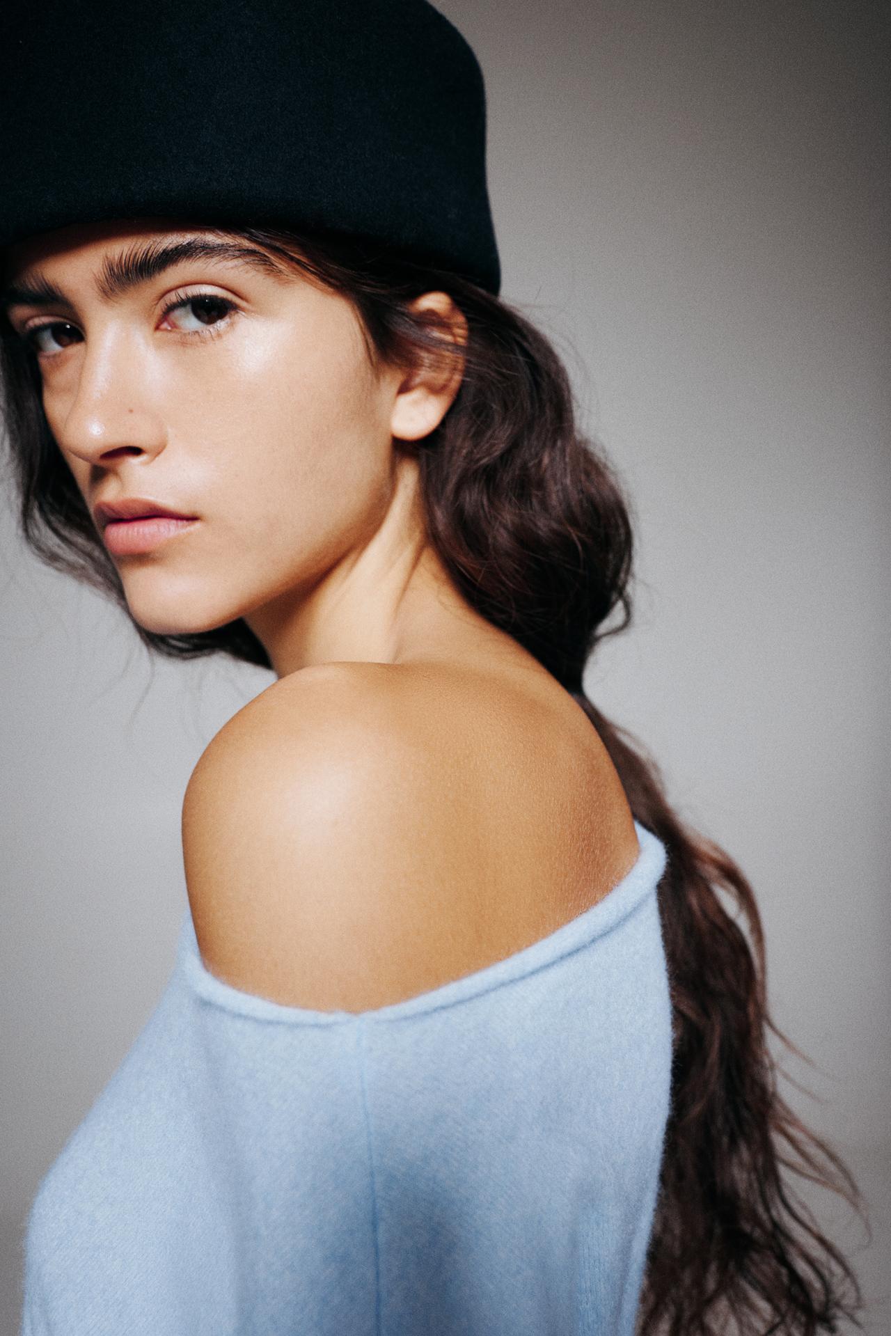 Soft-touch boat neck jumper — Pale sky blue