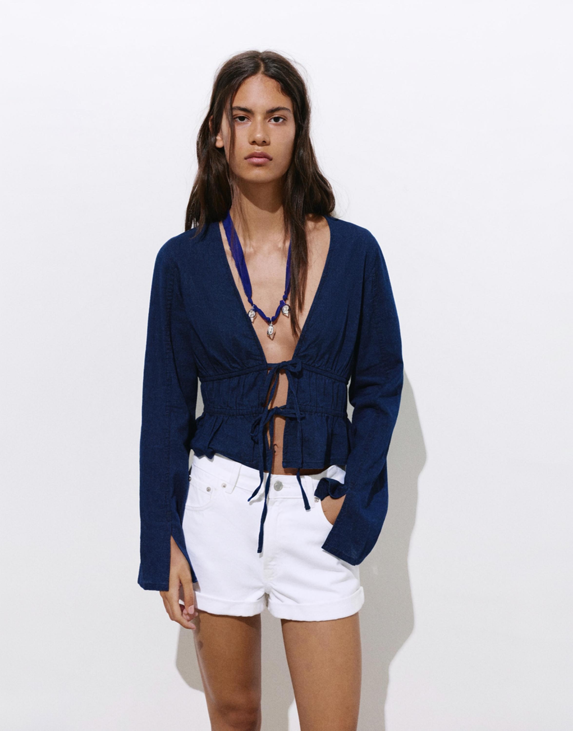 Denim blouse with ties — Dark blue
