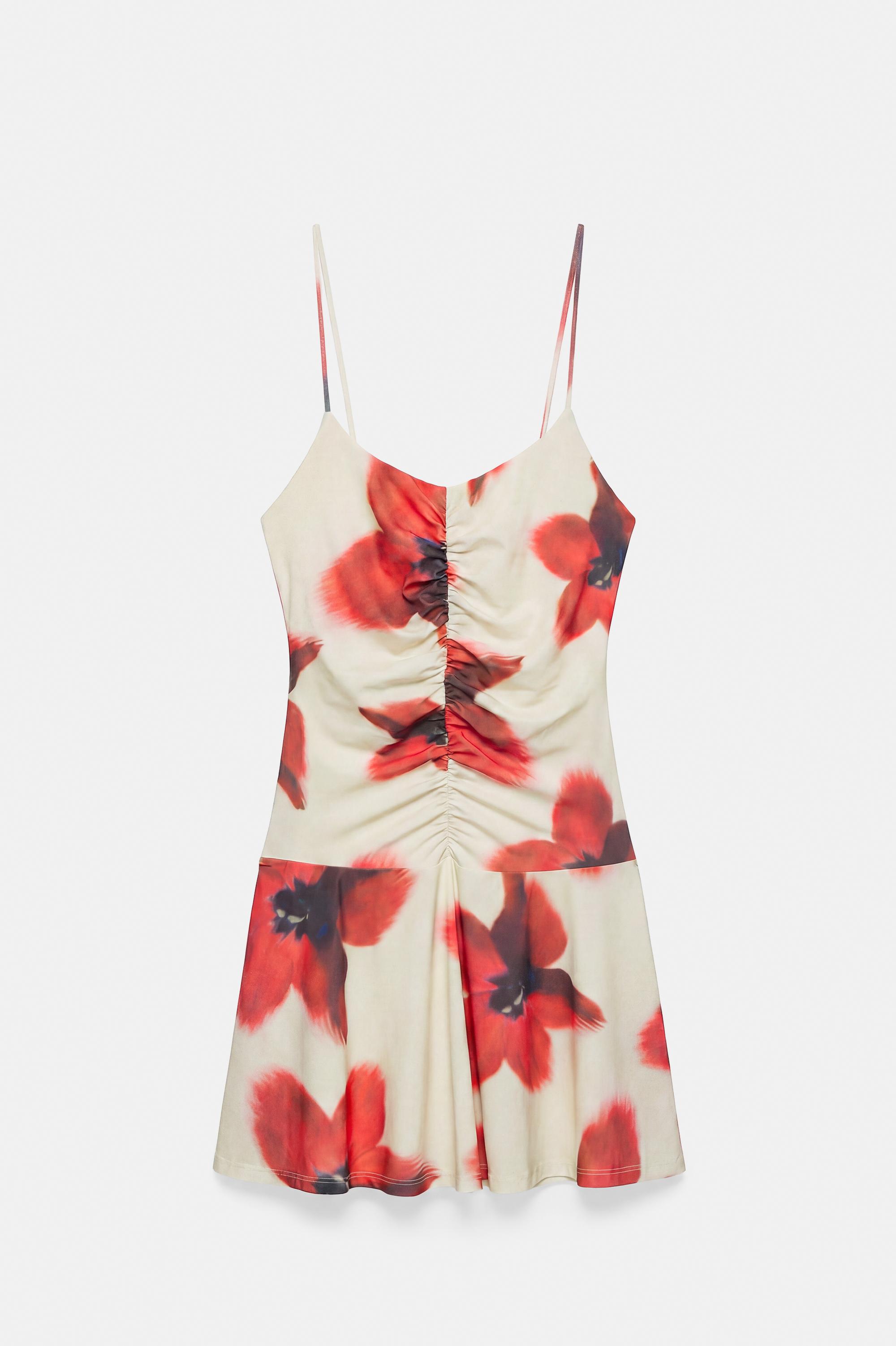 Short strappy gathered dress — Ecru/Red