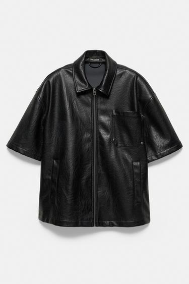 Leather effect zip-up overshirt — Black 5