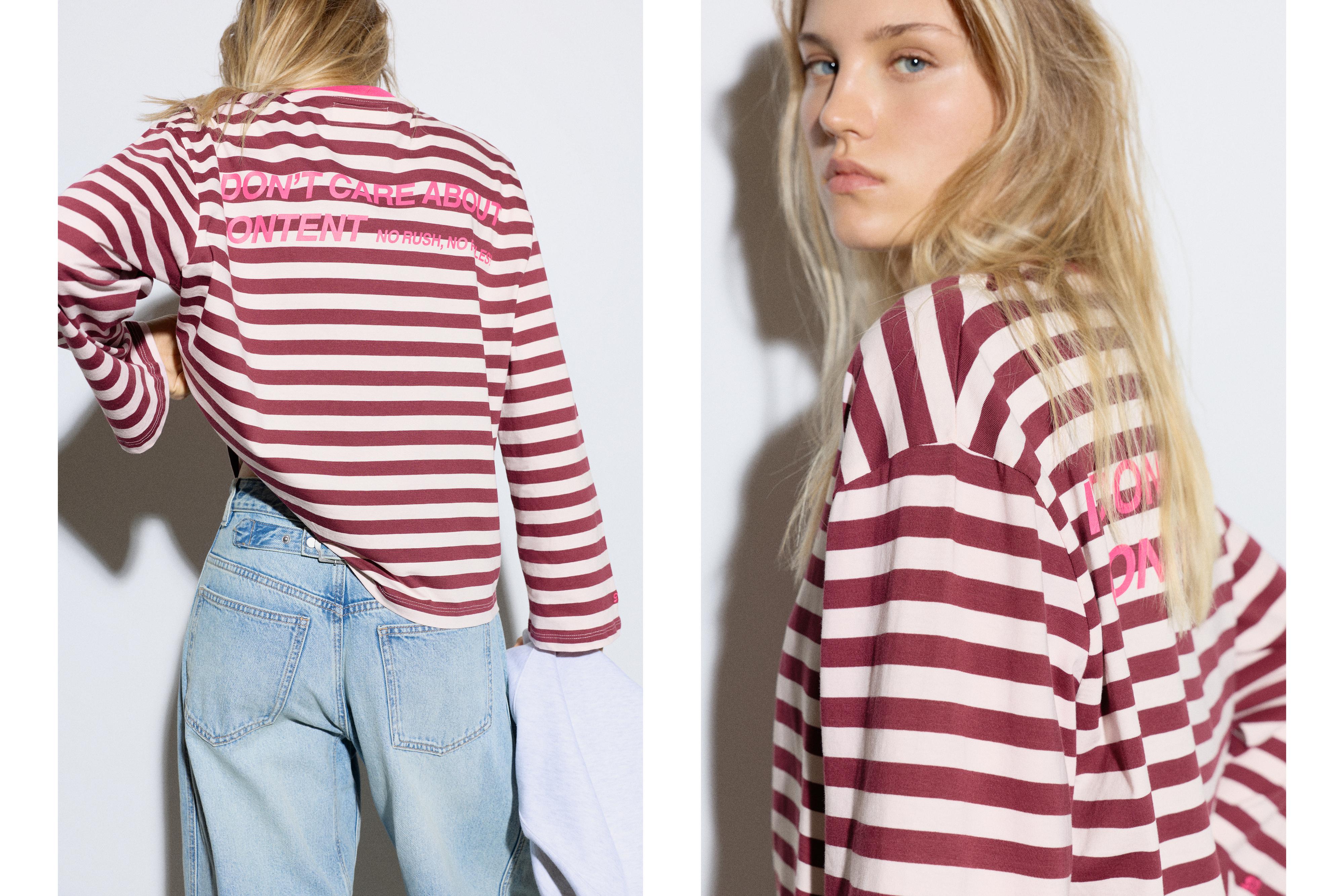 Oversize striped slogan T-shirt — Pale pink