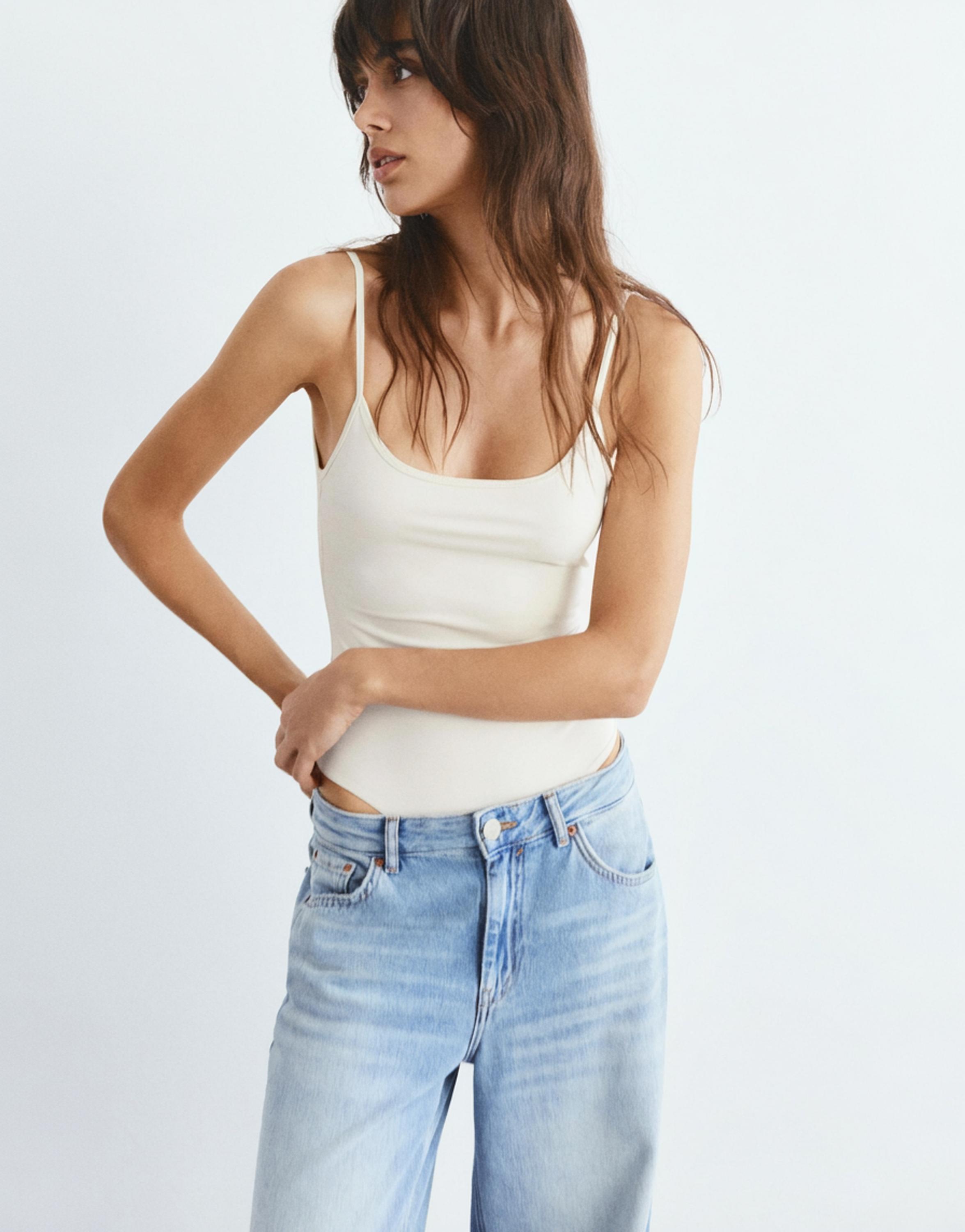 Polyamide bodysuit with thin straps — Cream