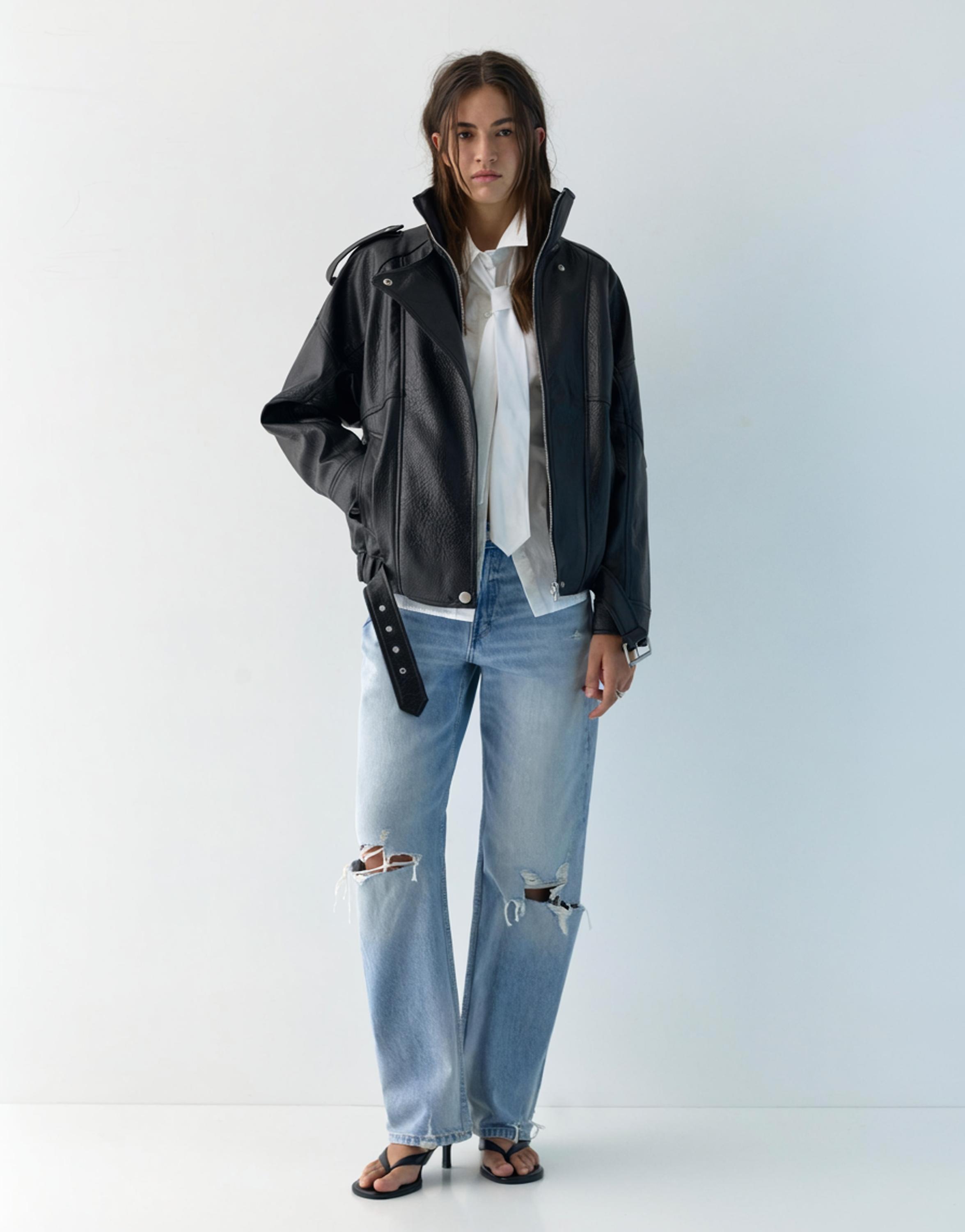 Dik yaka suni deri ceket - Görsel 10