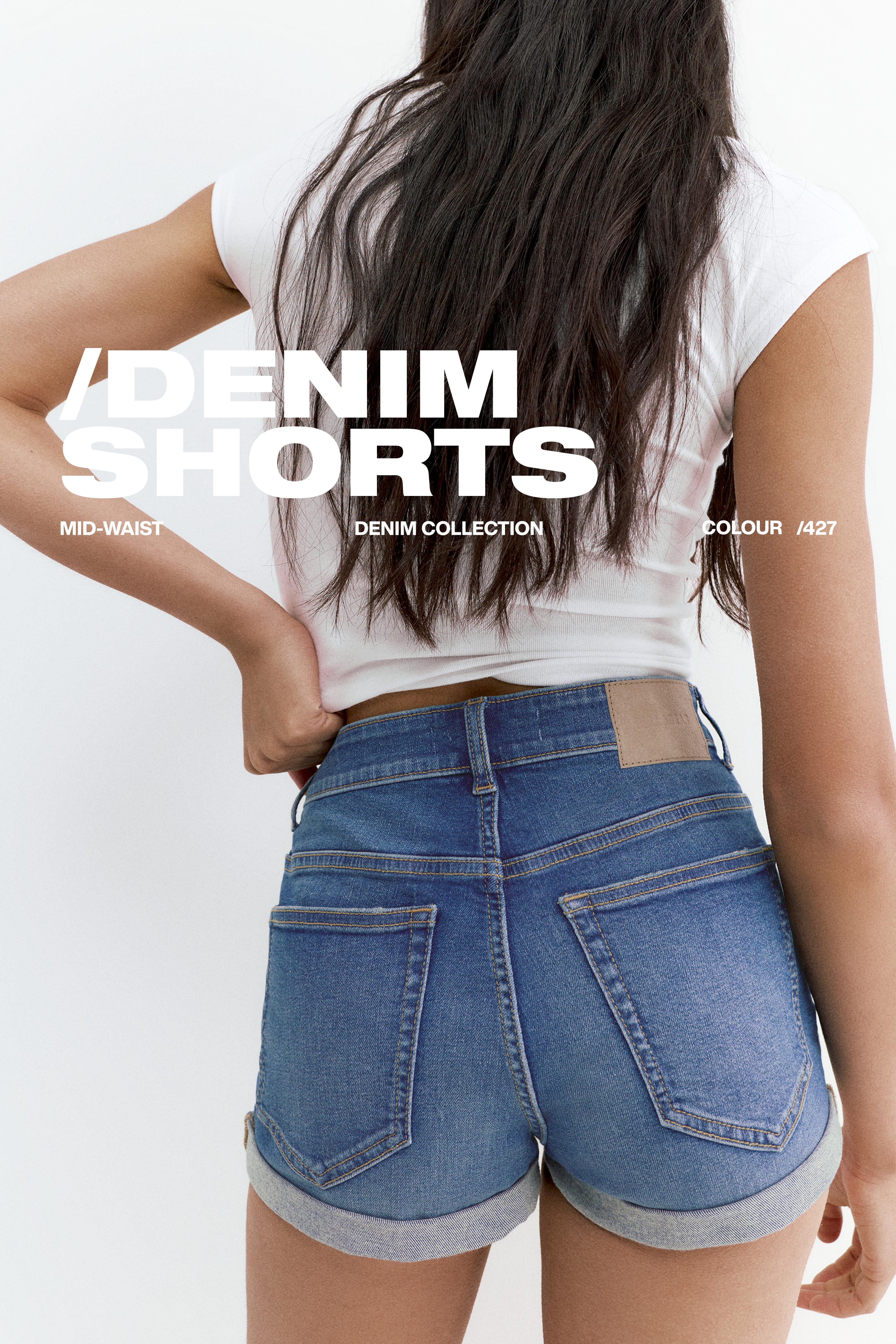 Mid-waist denim shorts — Medium blue