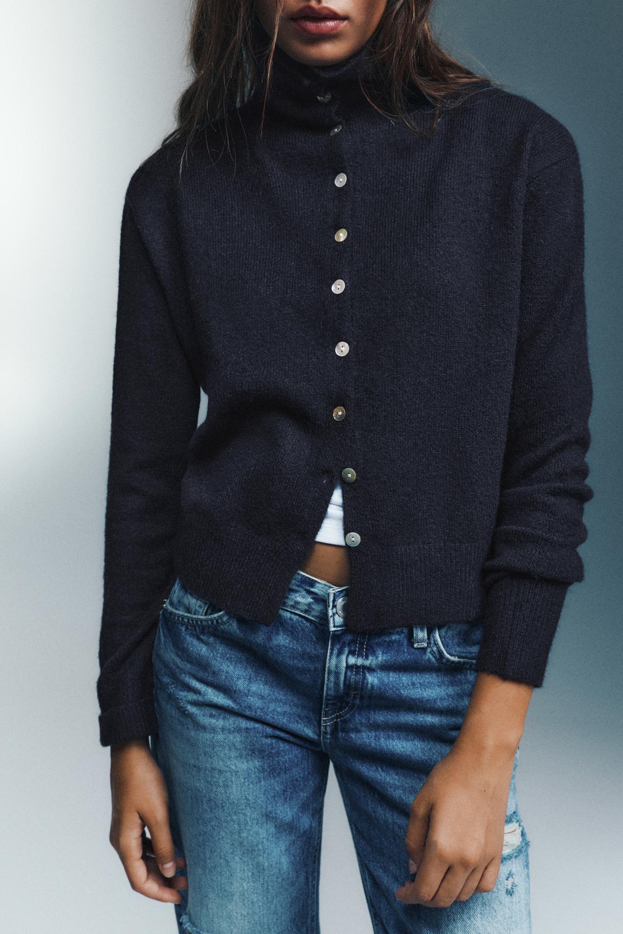 High neck buttoned cardigan — Navy
