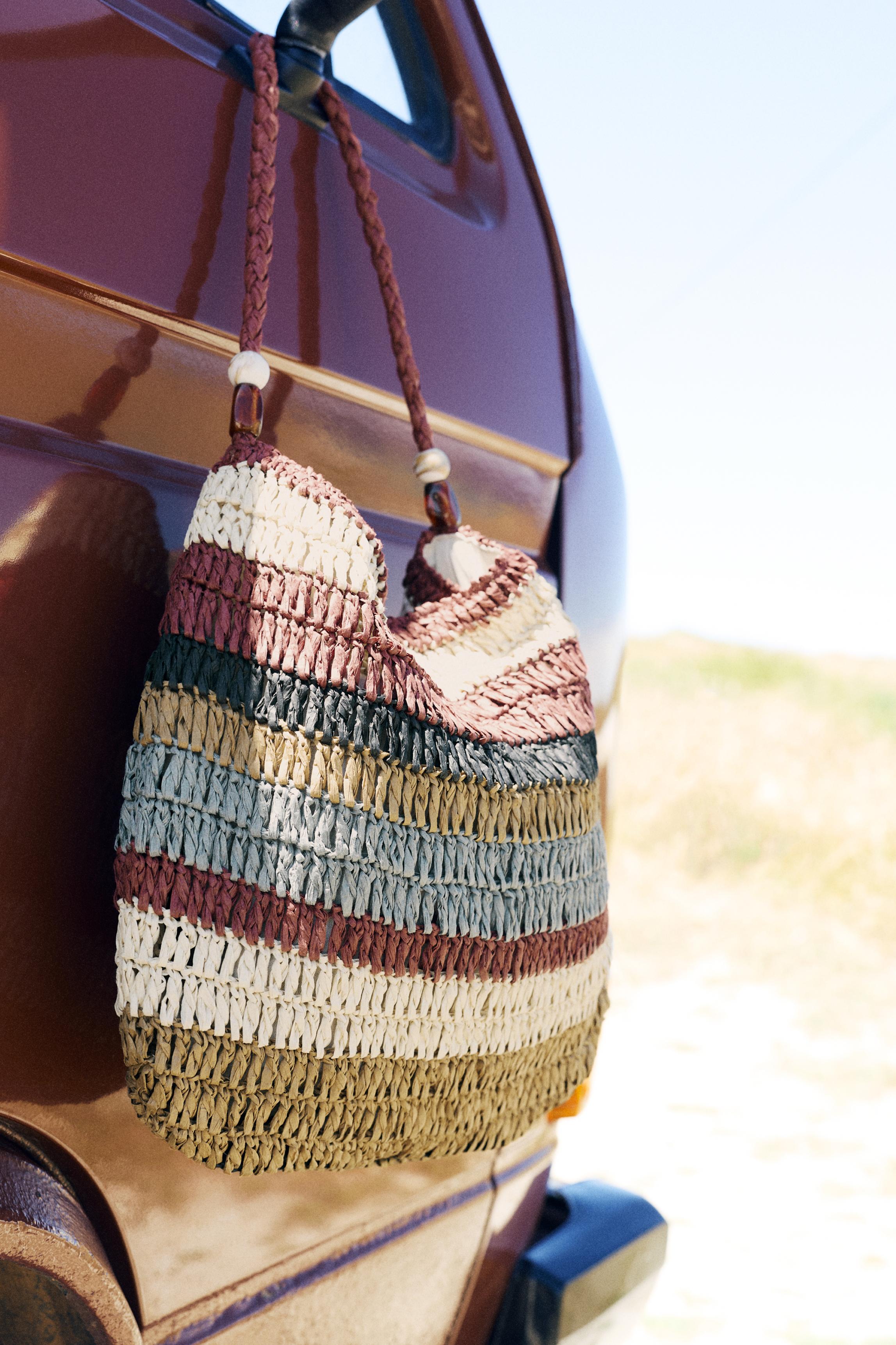 Striped woven tote bag — Brown