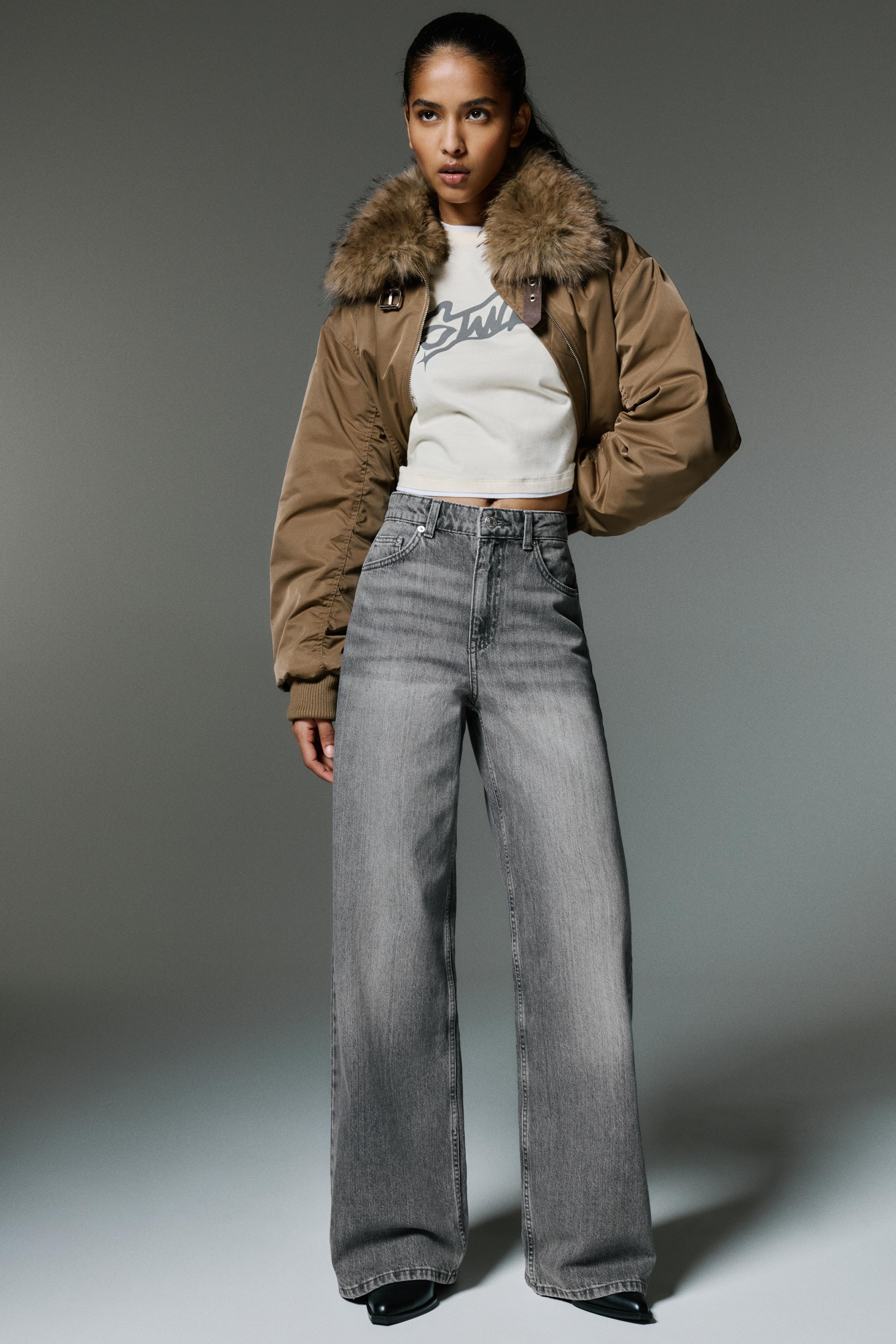 High-waist wide-leg jeans — Medium grey