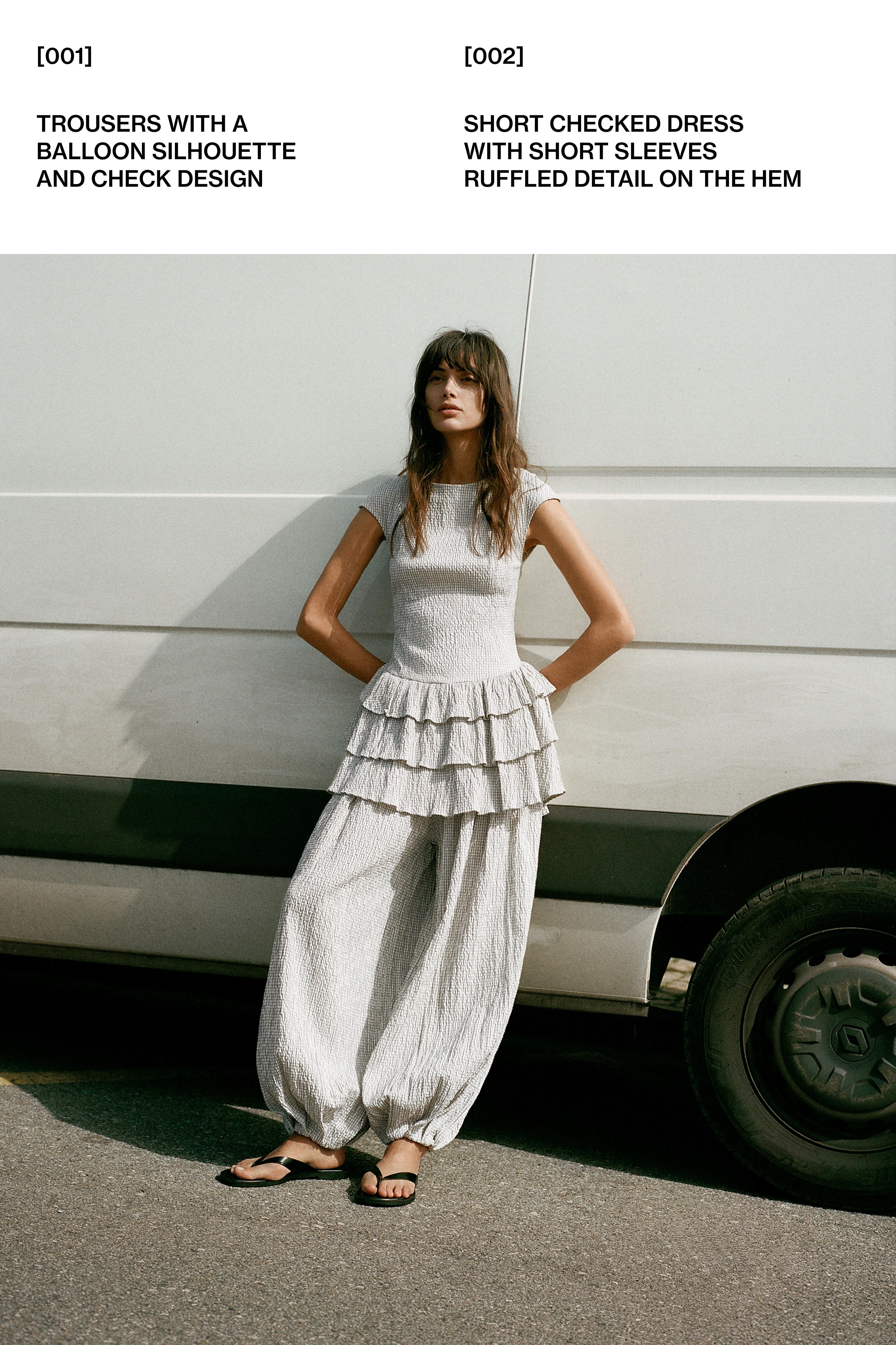 Volanlı etekli kısa kareli elbise - Görsel 19