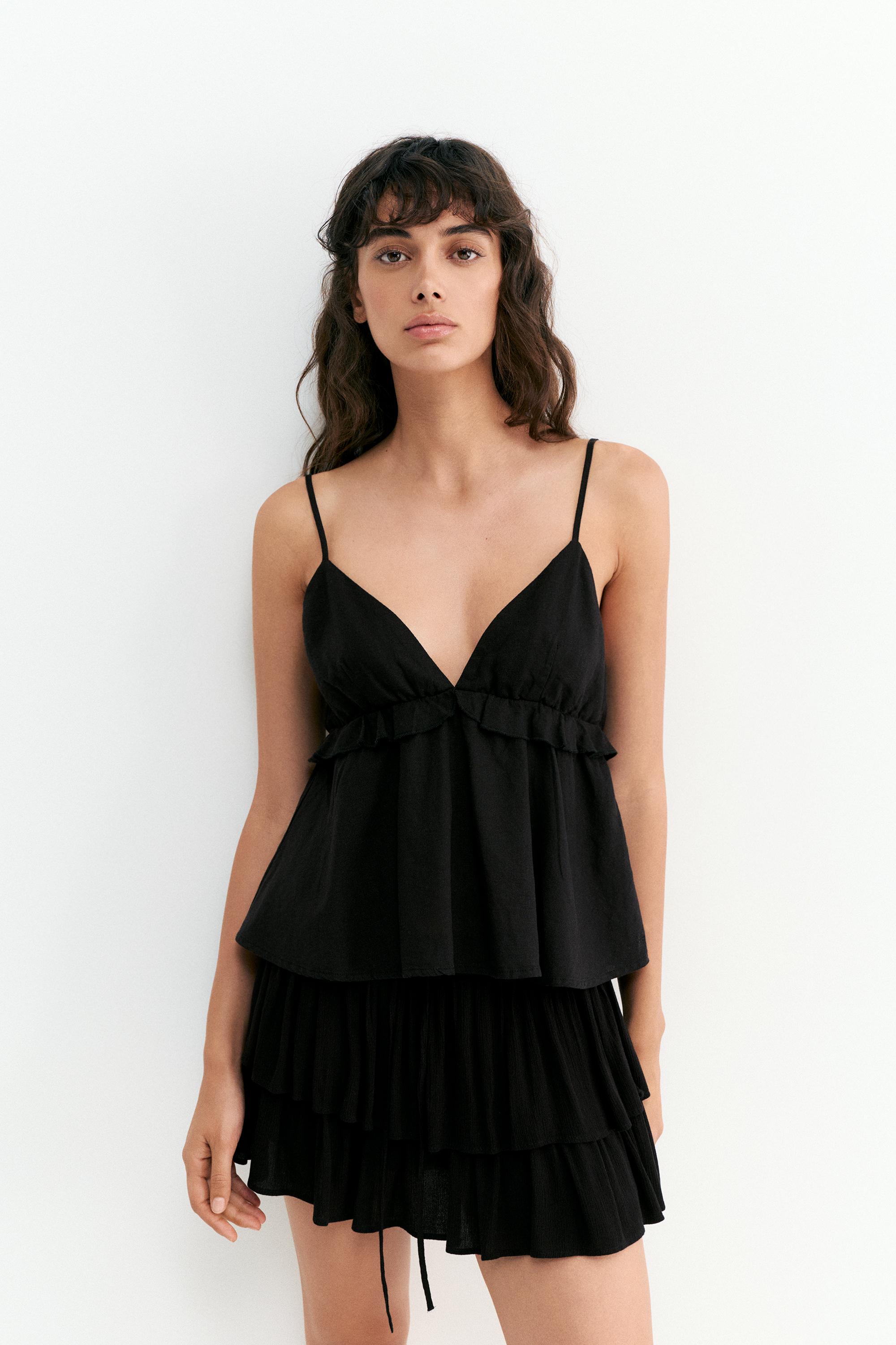 Ruffled linen top — Black
