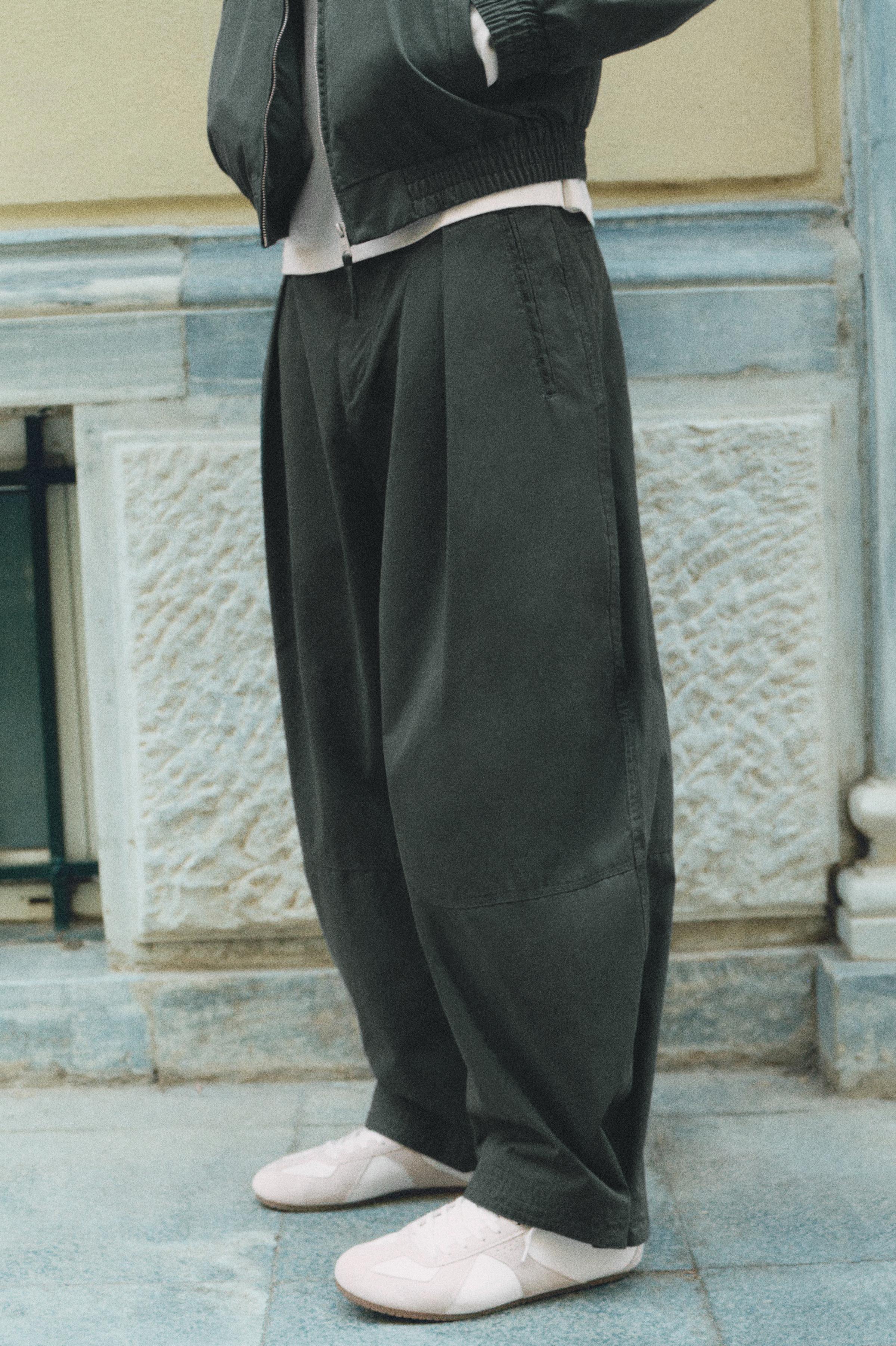 Darted barrel-leg trousers — Bluish green