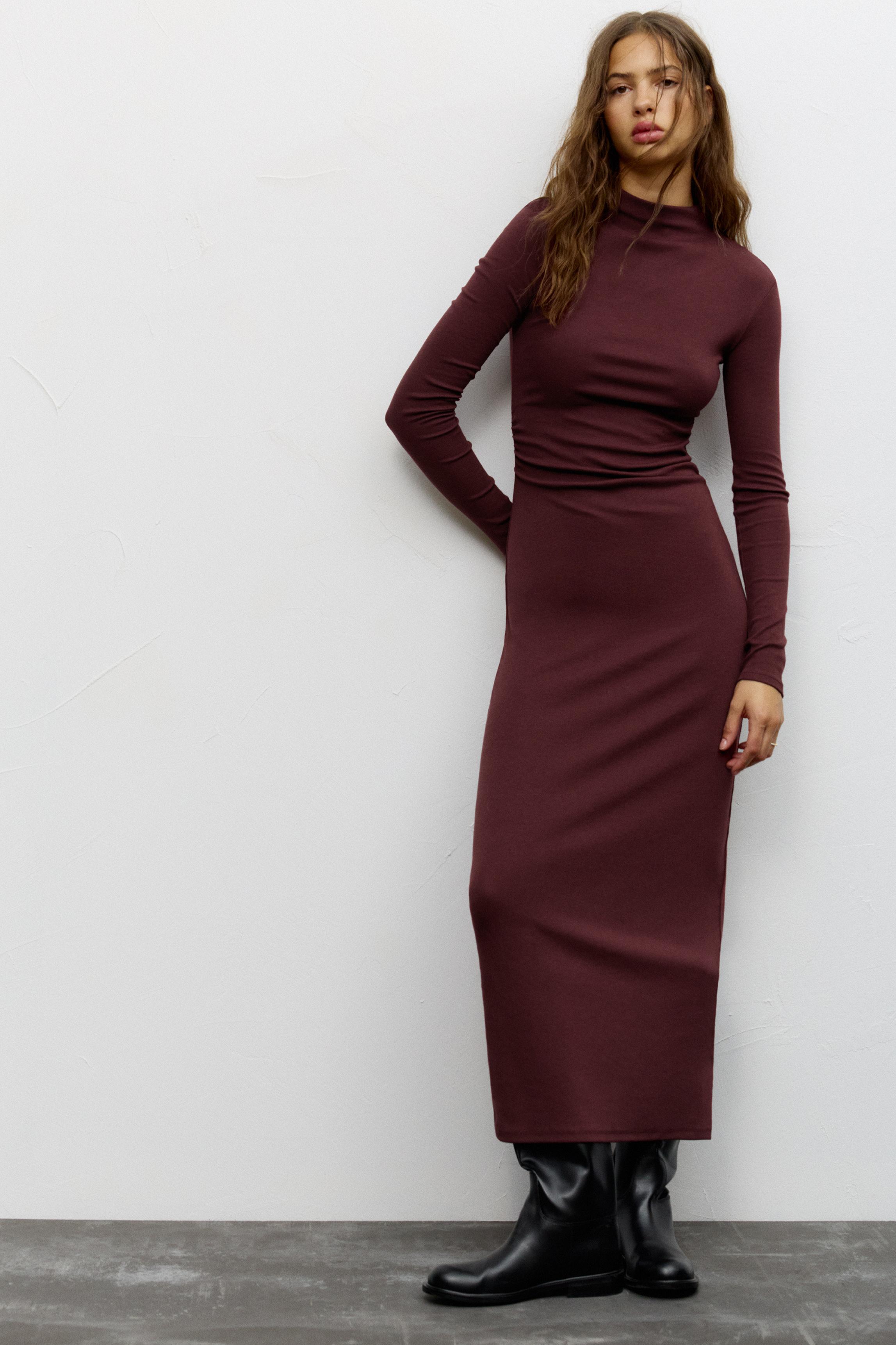 Mock neck midi dress — Burgundy