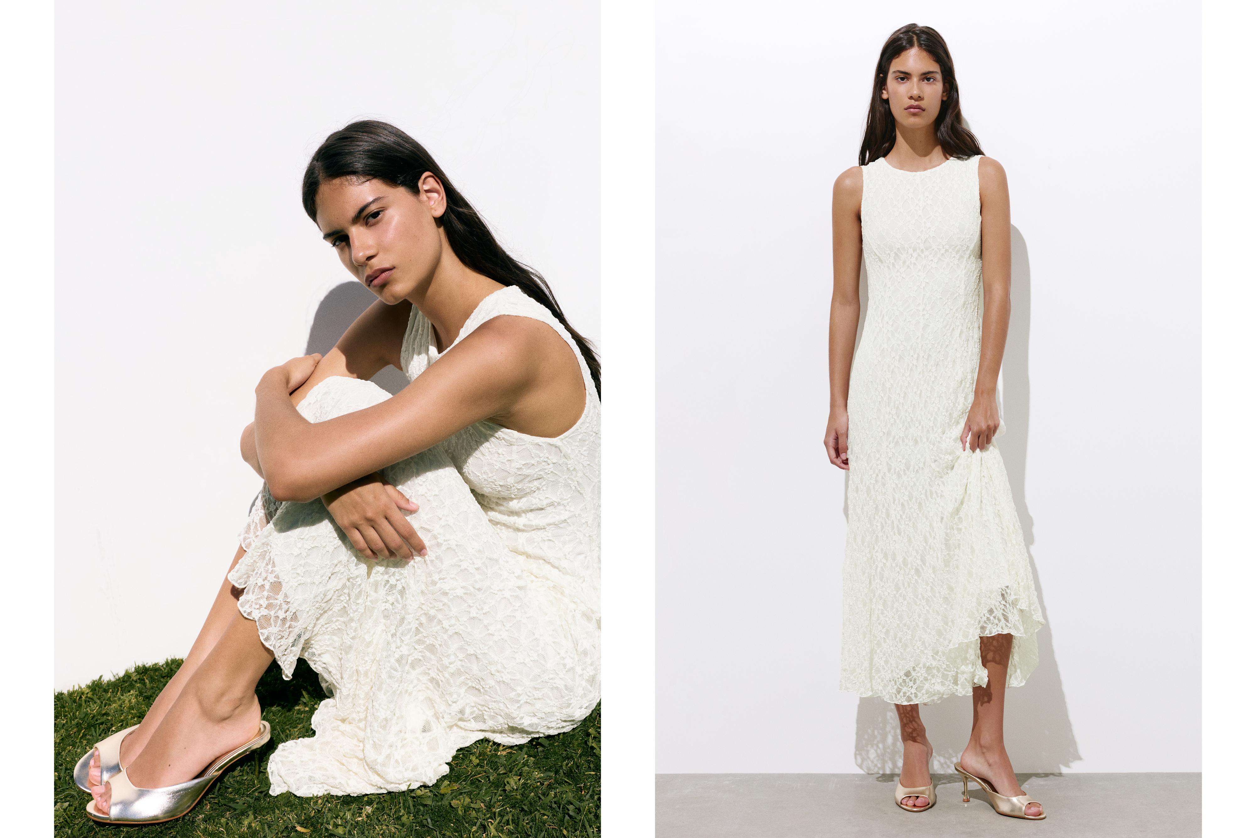 Fitted lace midi dress — Ecru