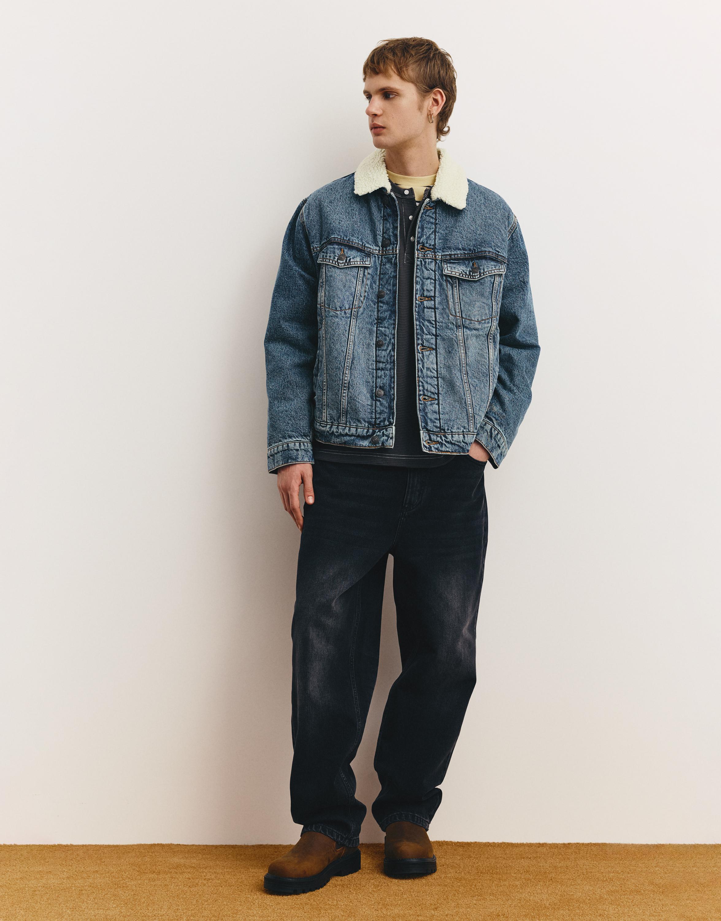 Denim jacket with faux shearling collar — Medium blue