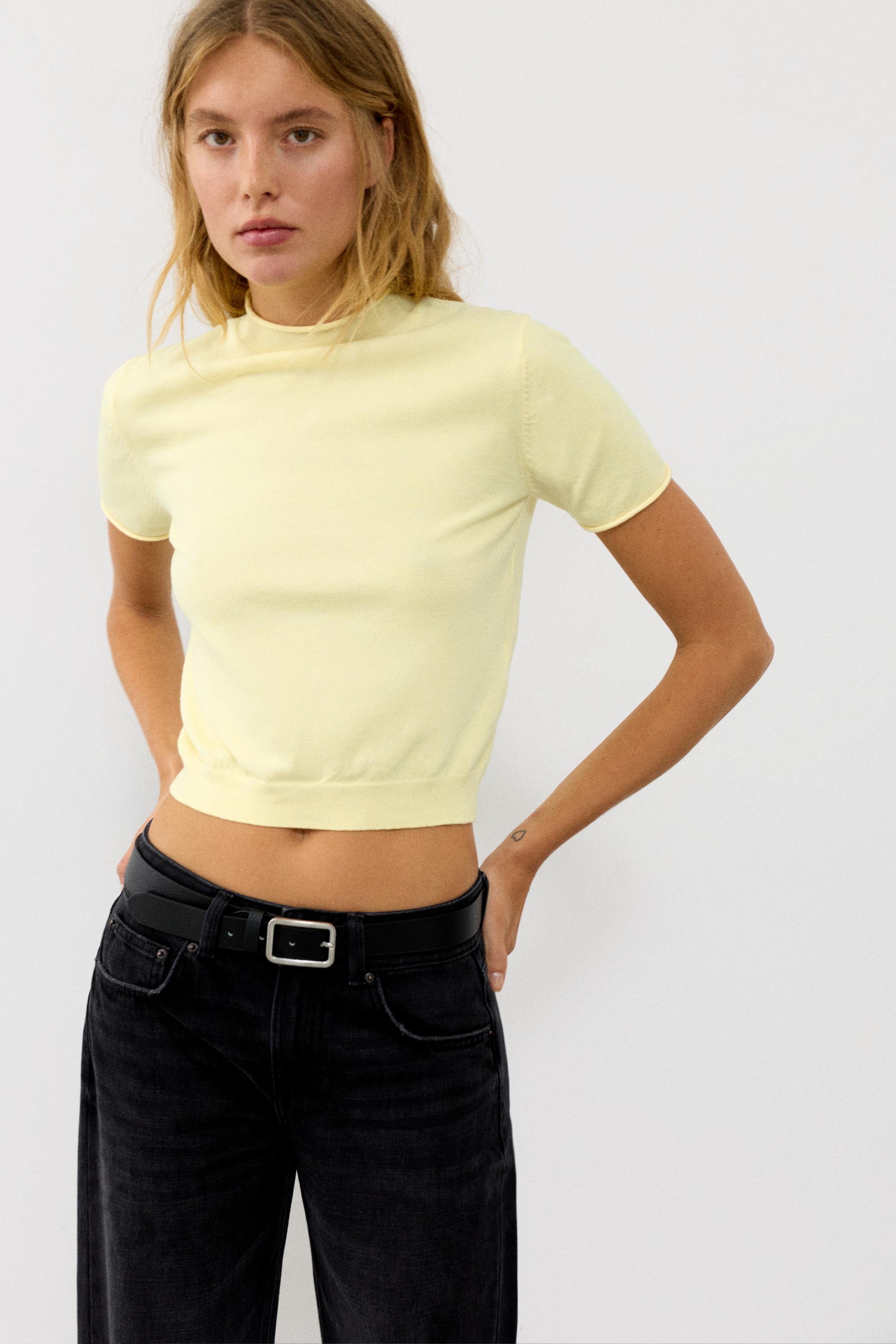 Fine knit short sleeve T-shirt — Yellow