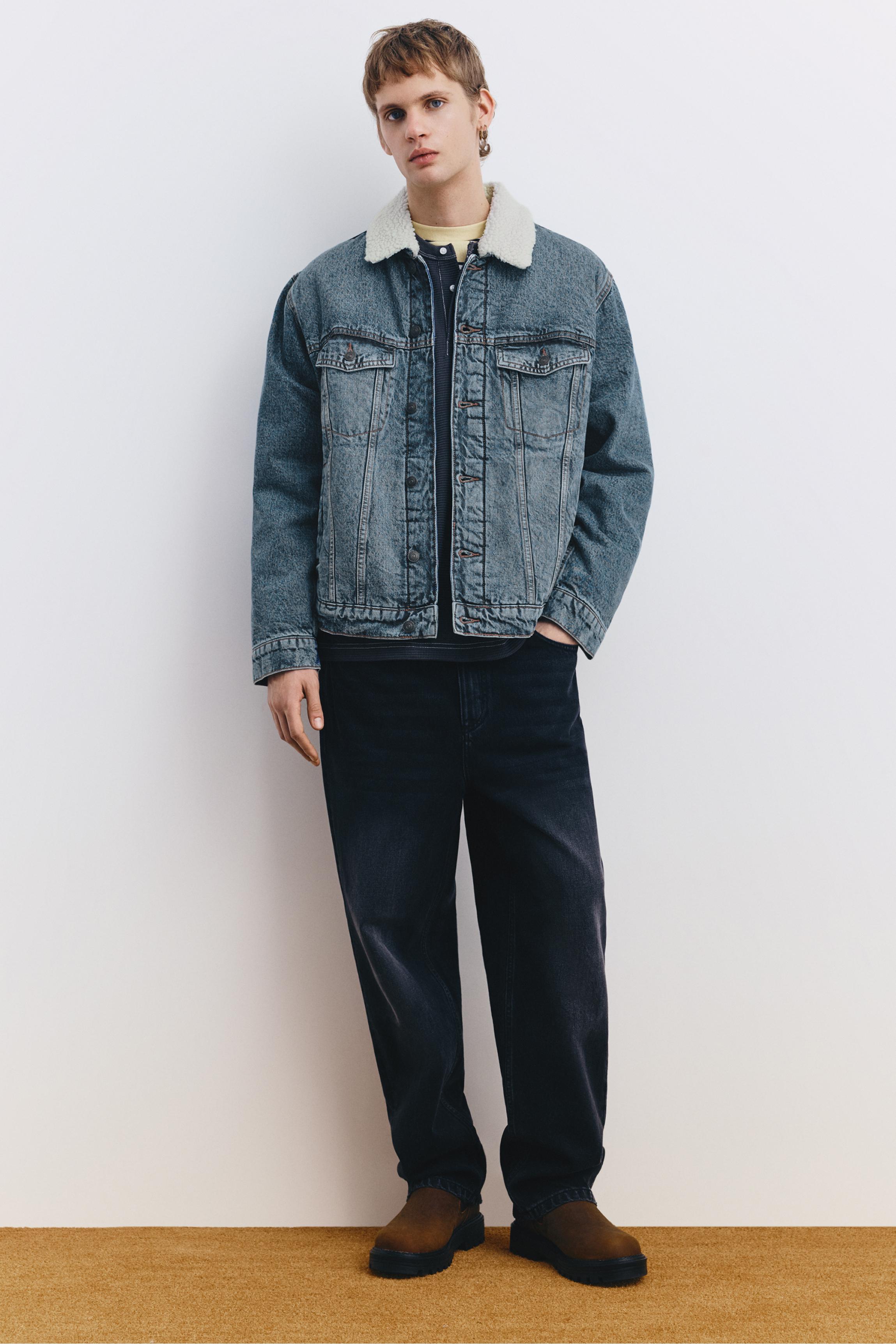 Denim jacket with faux shearling collar — Medium blue