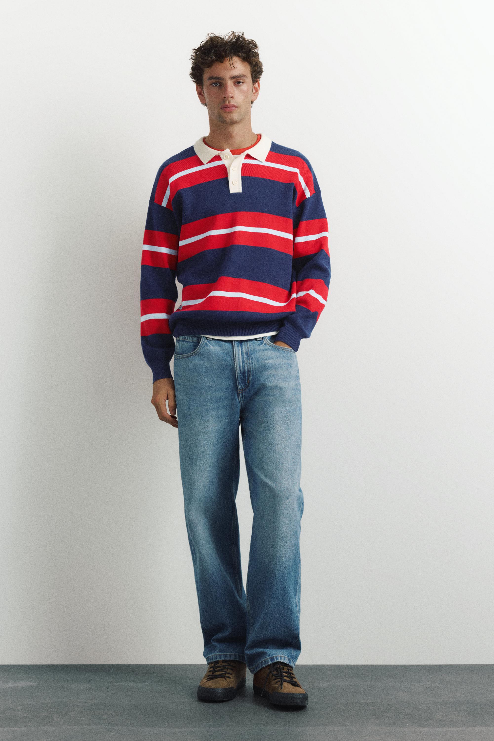 Striped knit polo shirt — Navy