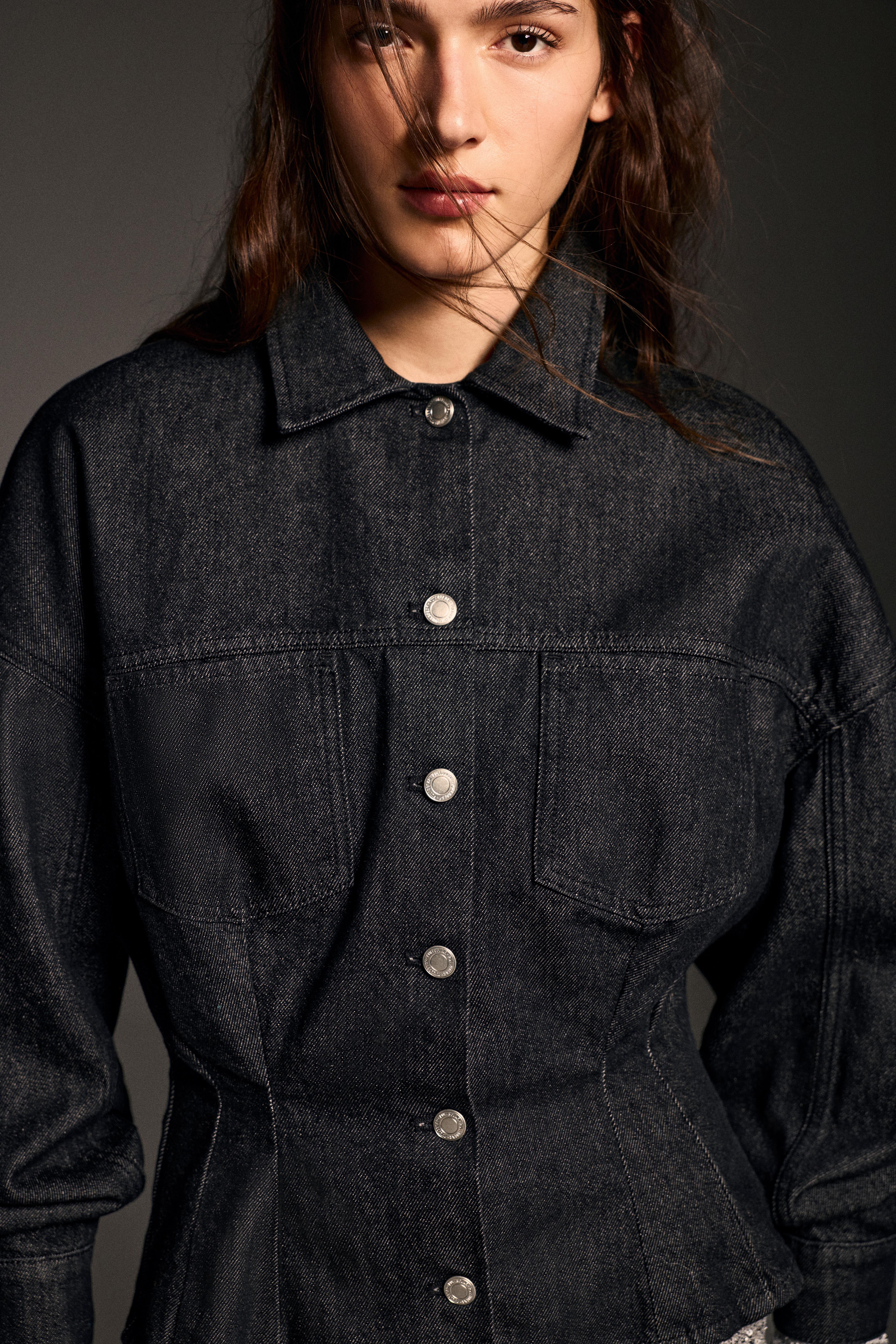 Fitted denim shirt with pleats — Black