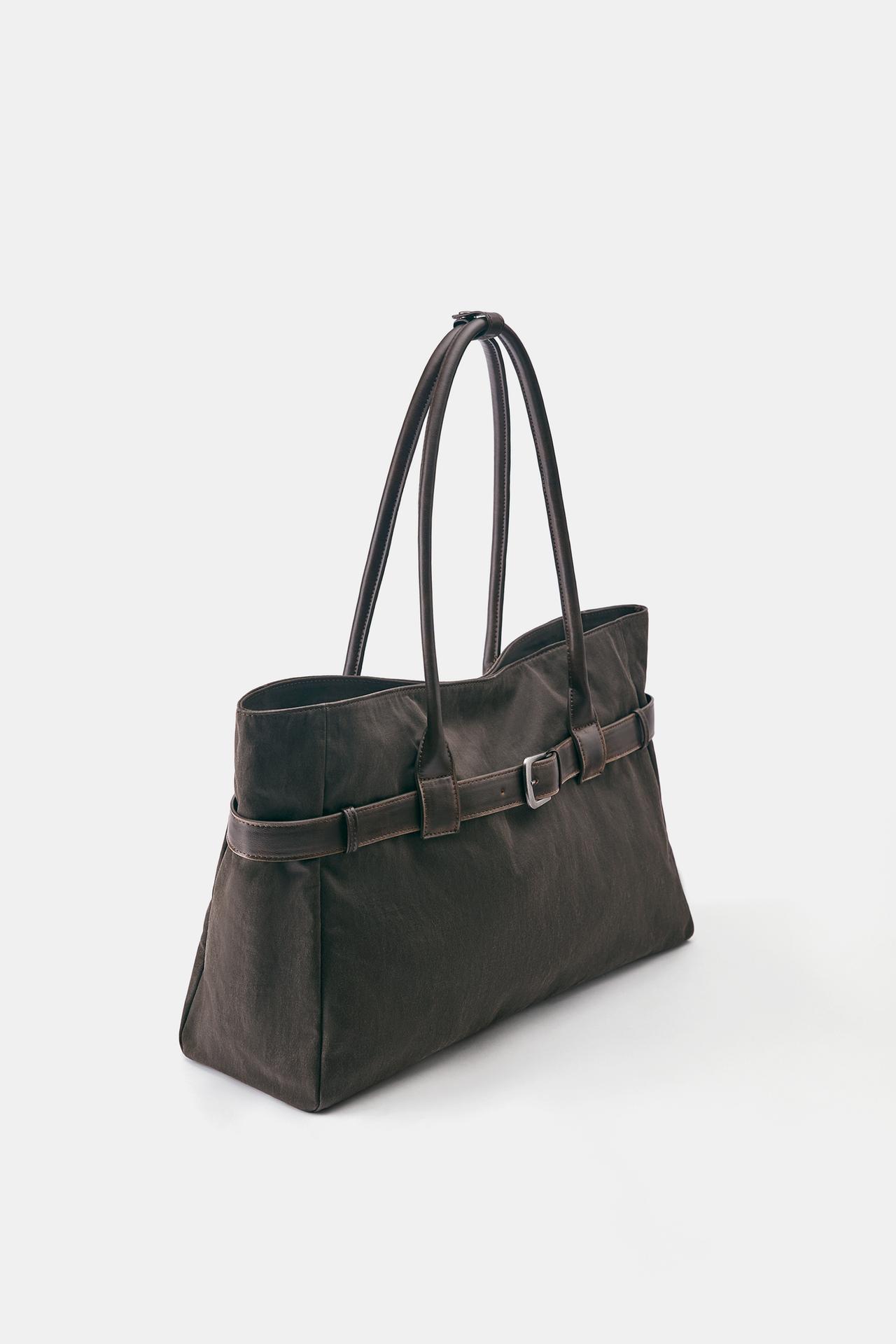 Suede buckle-detail shopper tote — Brown