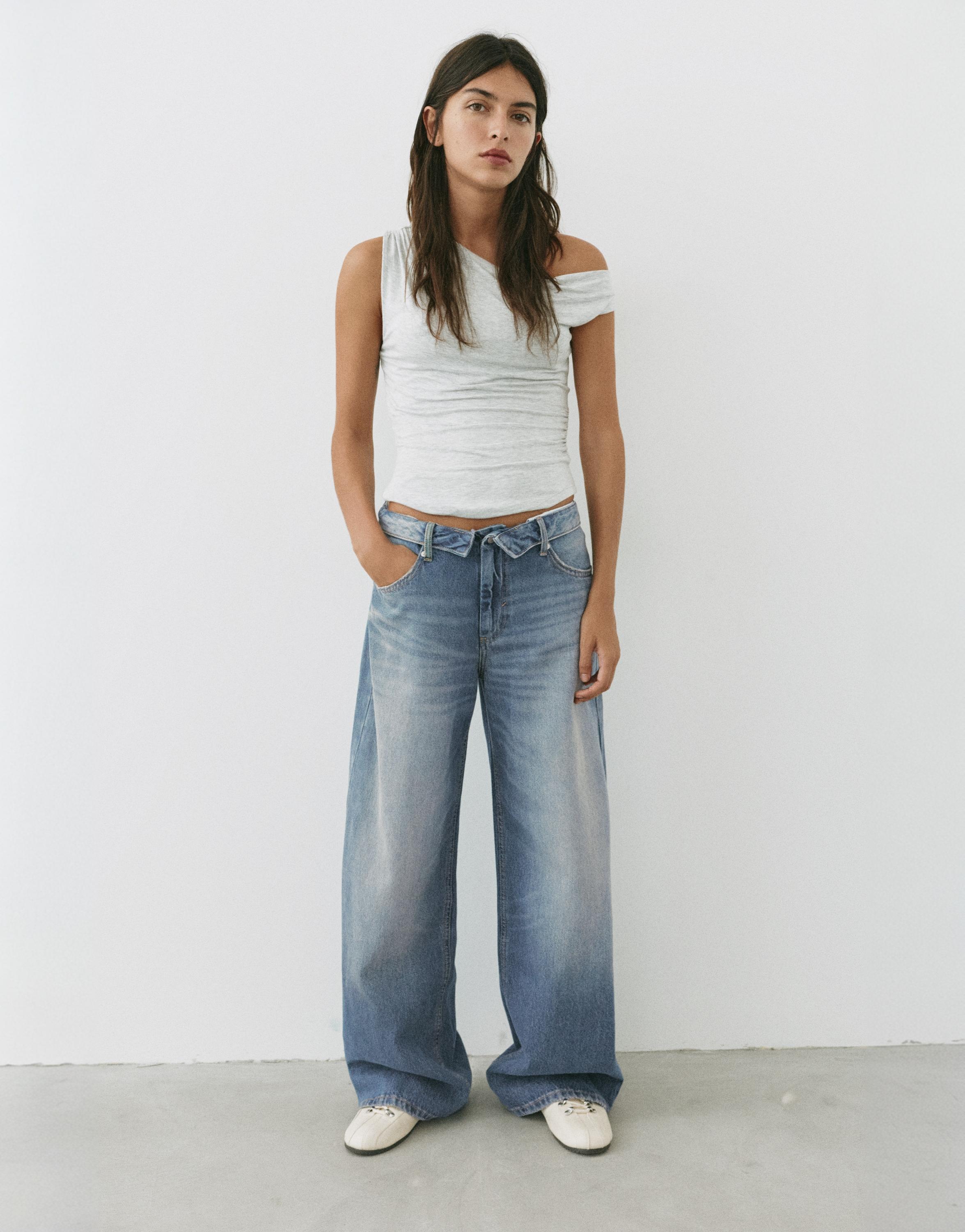 Relaxed baggy jeans with turn-up waist — Greenish blue