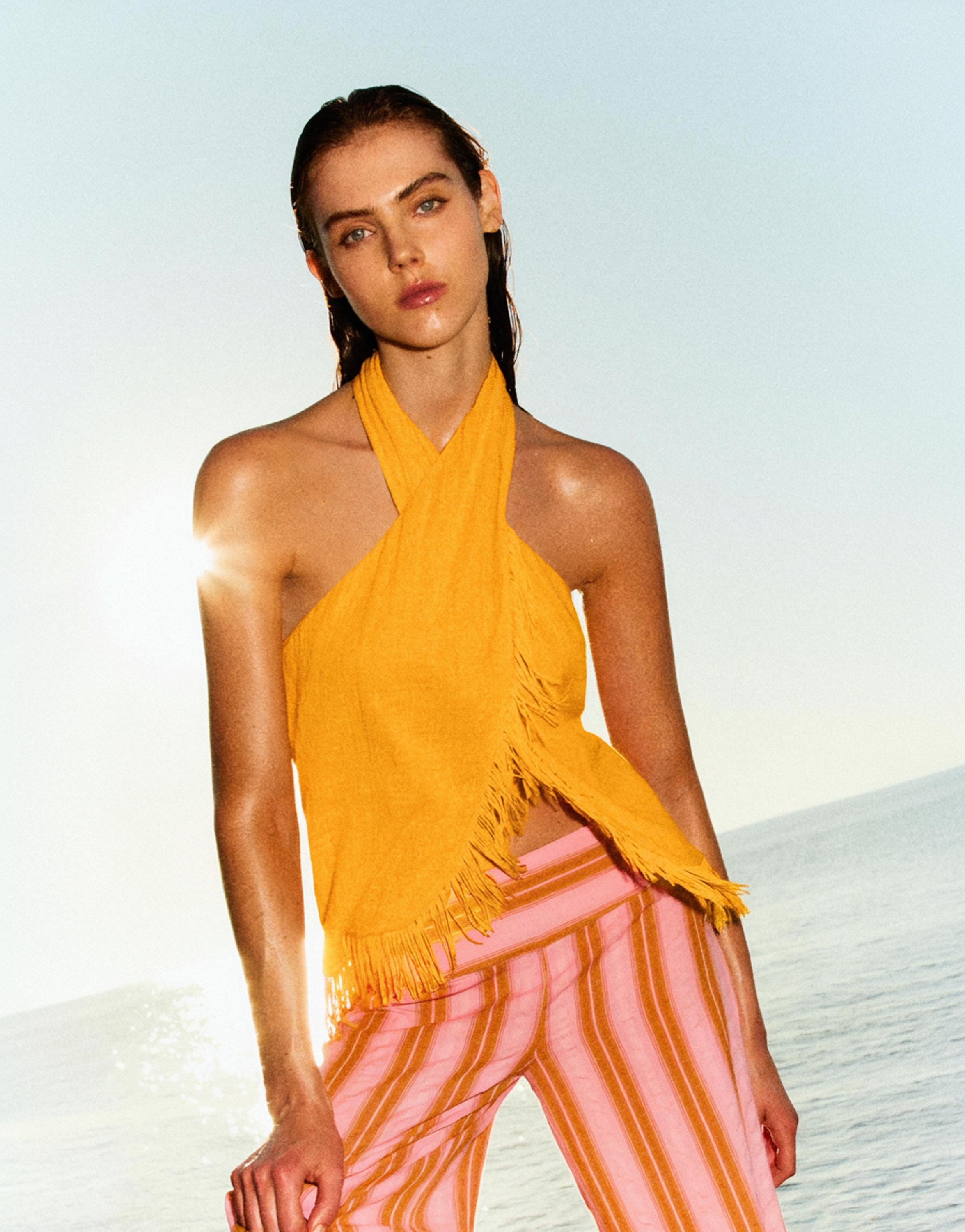 Fringed crossover halter top — Orange